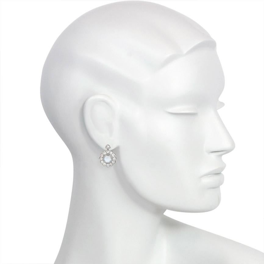 Late Victorian Midcentury Diamond and Moonstone Cluster Drop Earrings in White Gold
