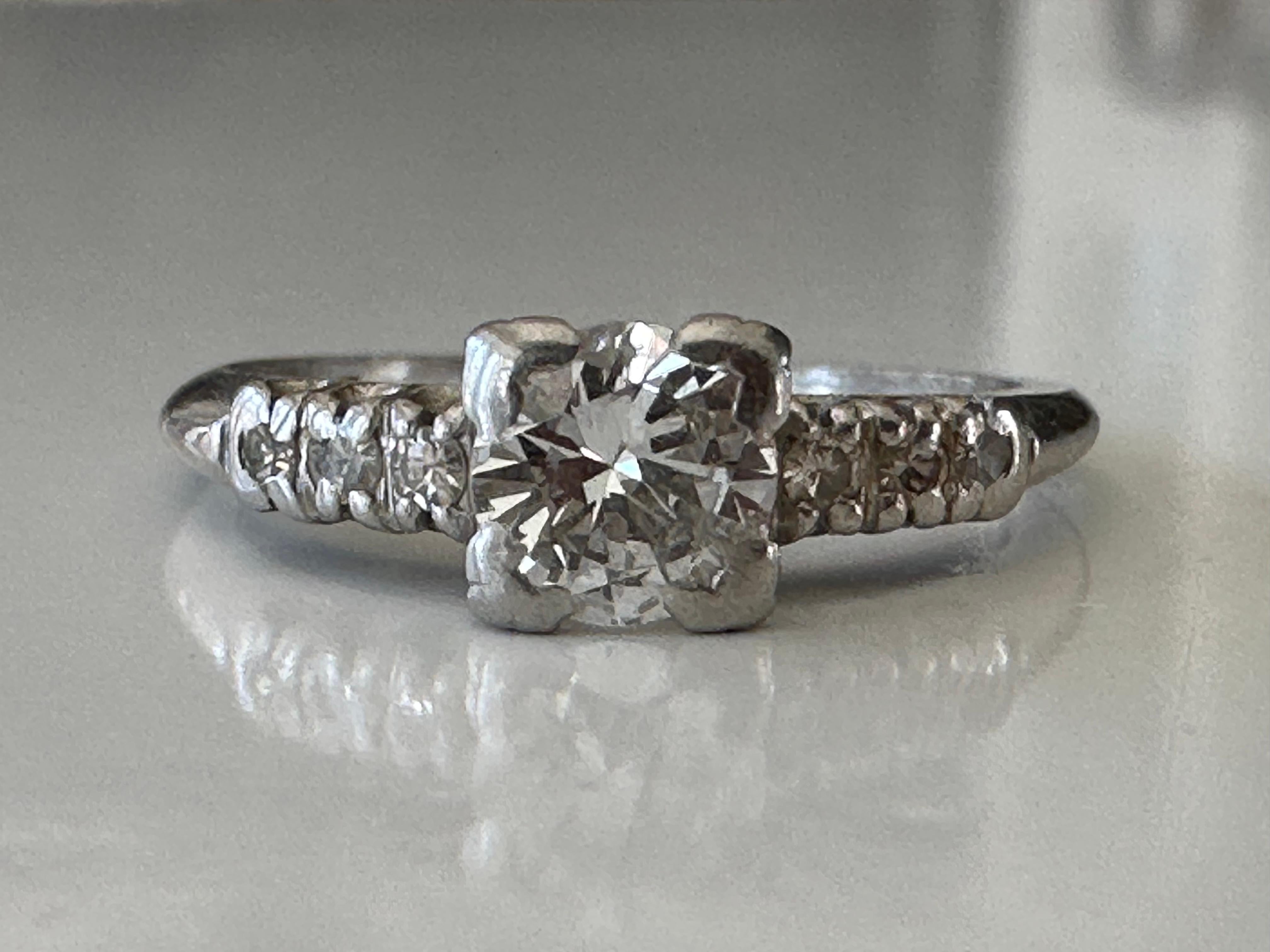 Retro Midcentury Diamond and Platinum Engagement Ring For Sale