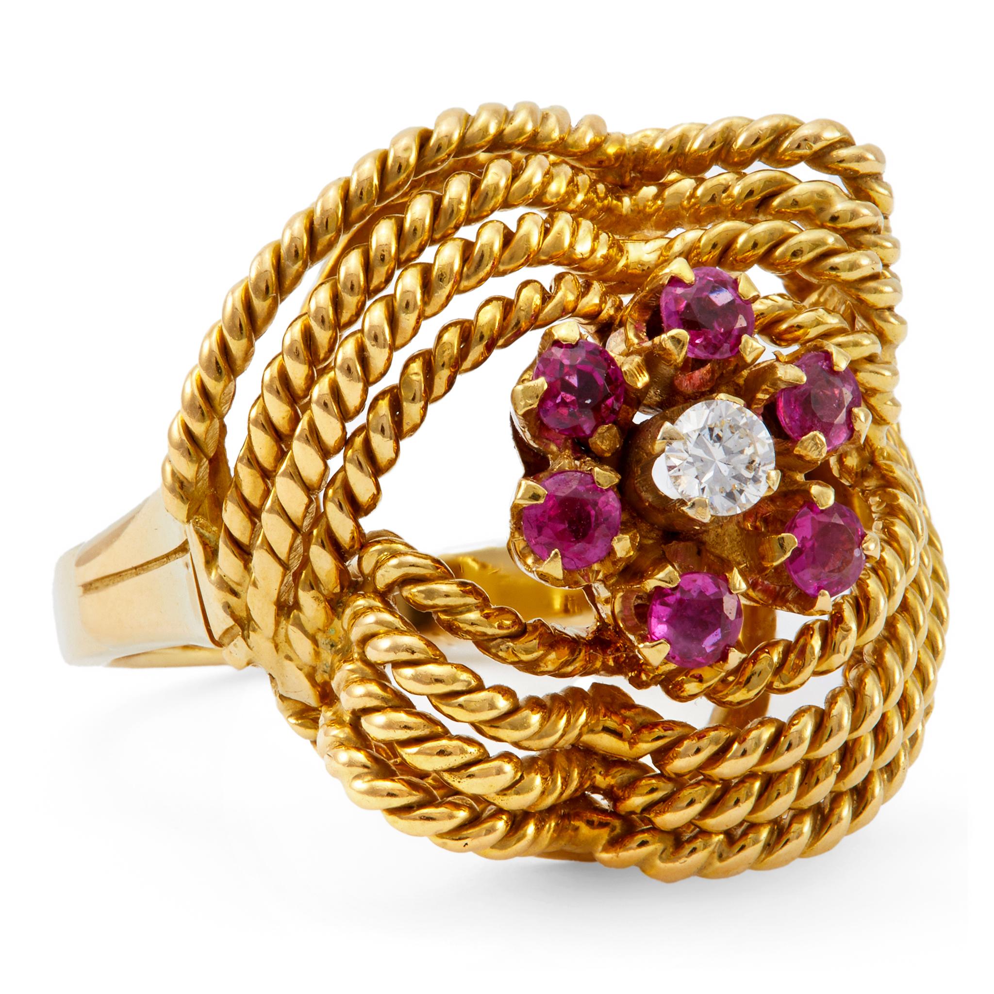 Cocktailring aus 18 Karat Gelbgold mit Diamanten und Rubinen mit Seil für Damen oder Herren