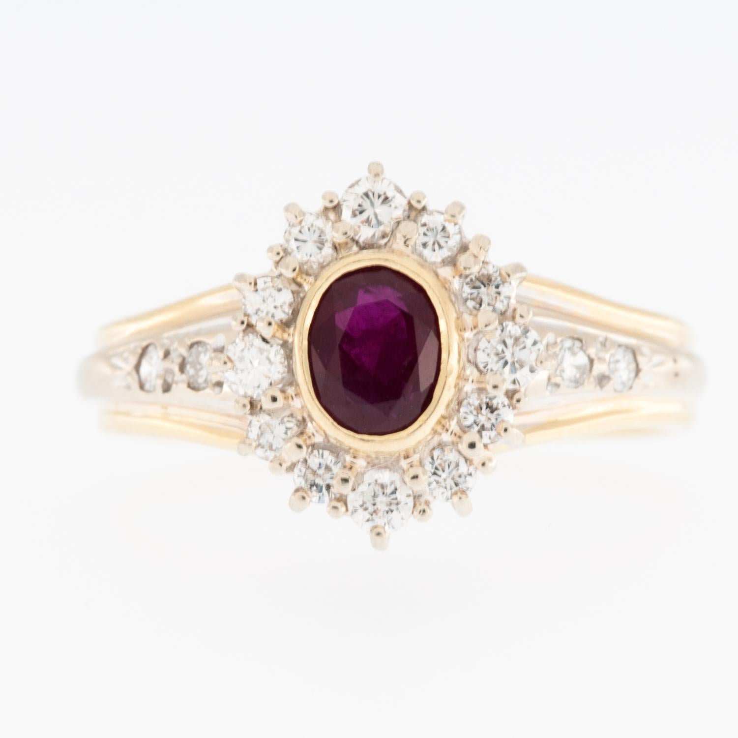 Mixed Cut Mid Century Diamond and Ruby 18 karat Yellow and White Gold Ring For Sale