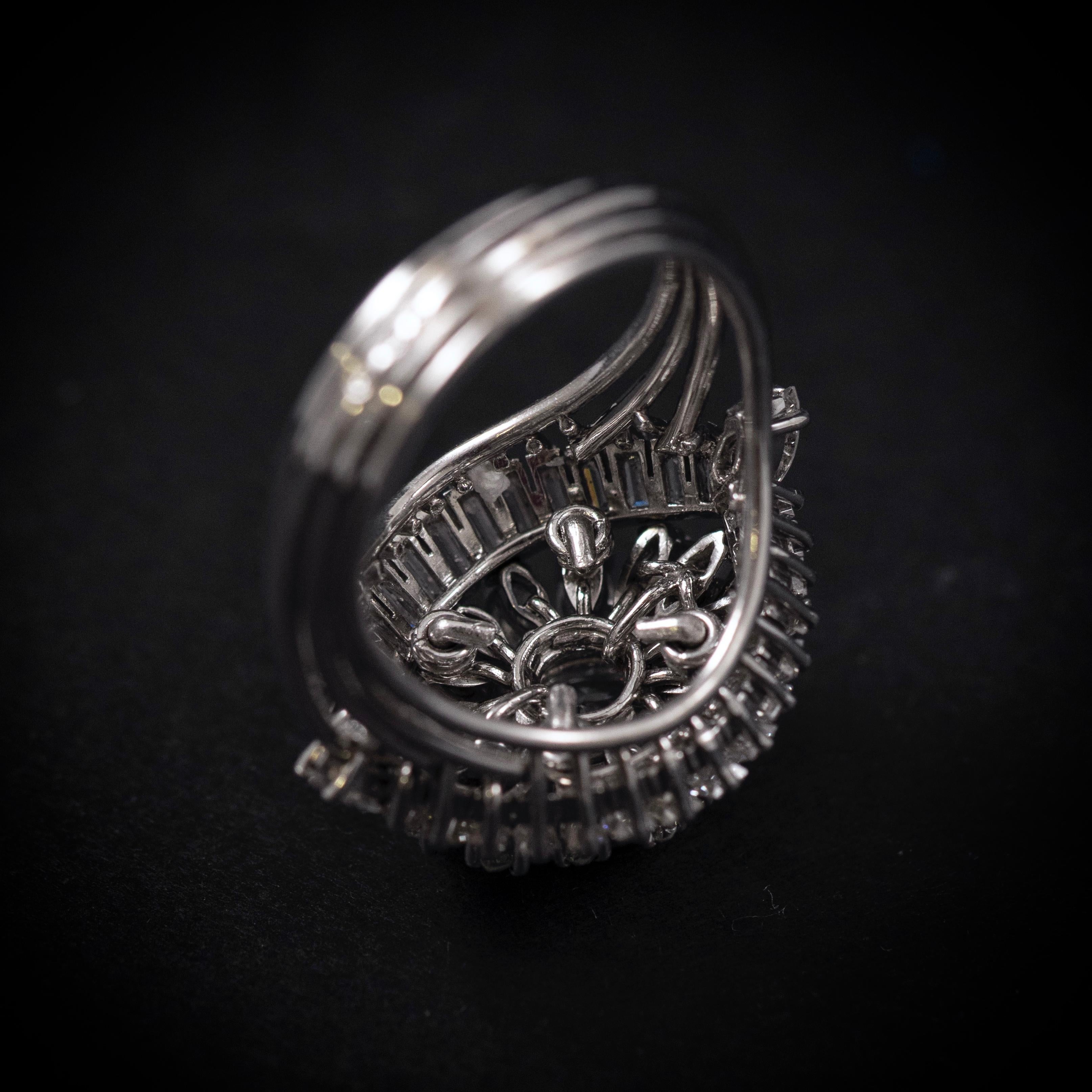 Bague de cocktail Ballerina à diamants en platine du milieu du siècle, années 1950-1960 en vente 1