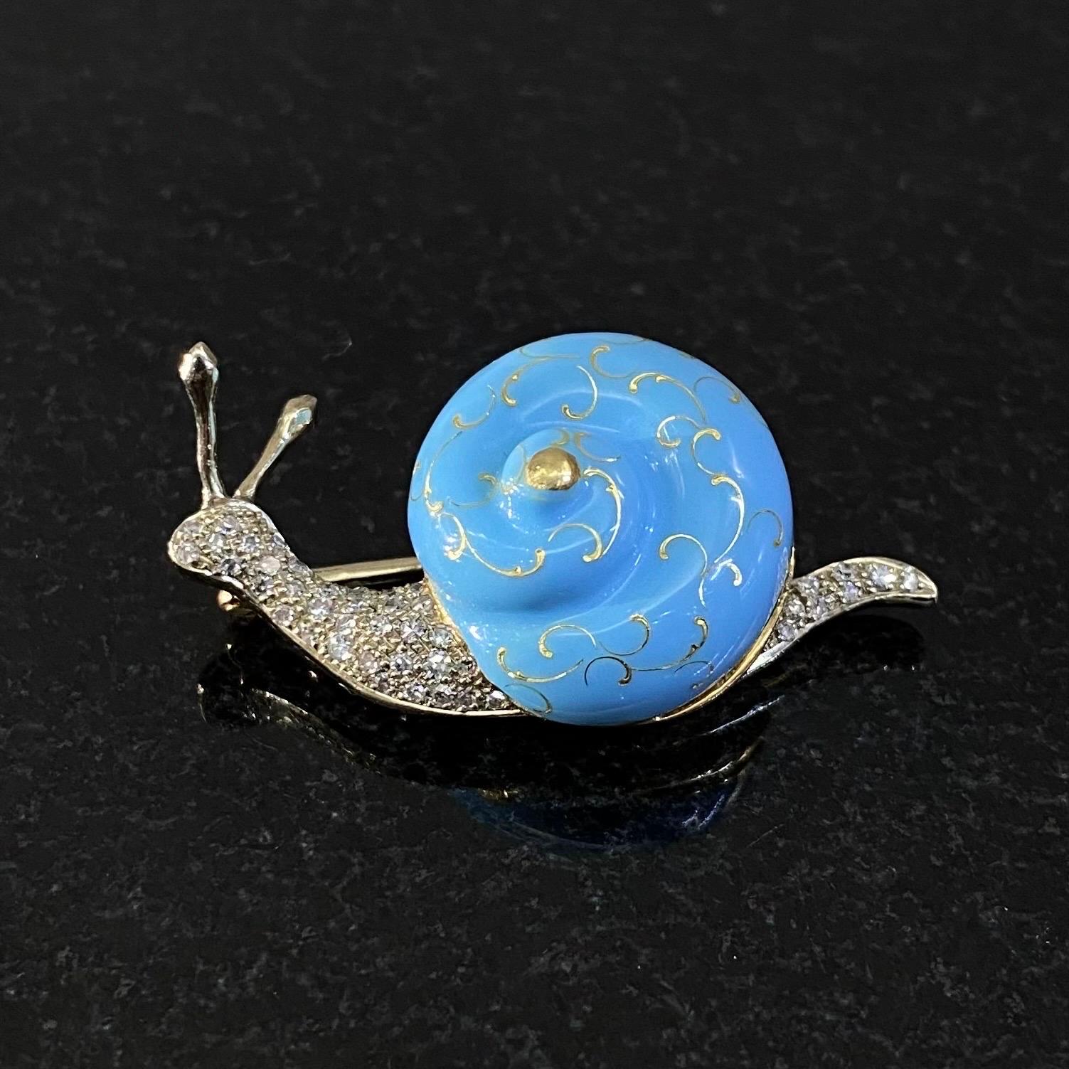 Mid-Century Diamond Blue Enamel Snail Brooch Yellow White Gold Portuguese 1960s 9