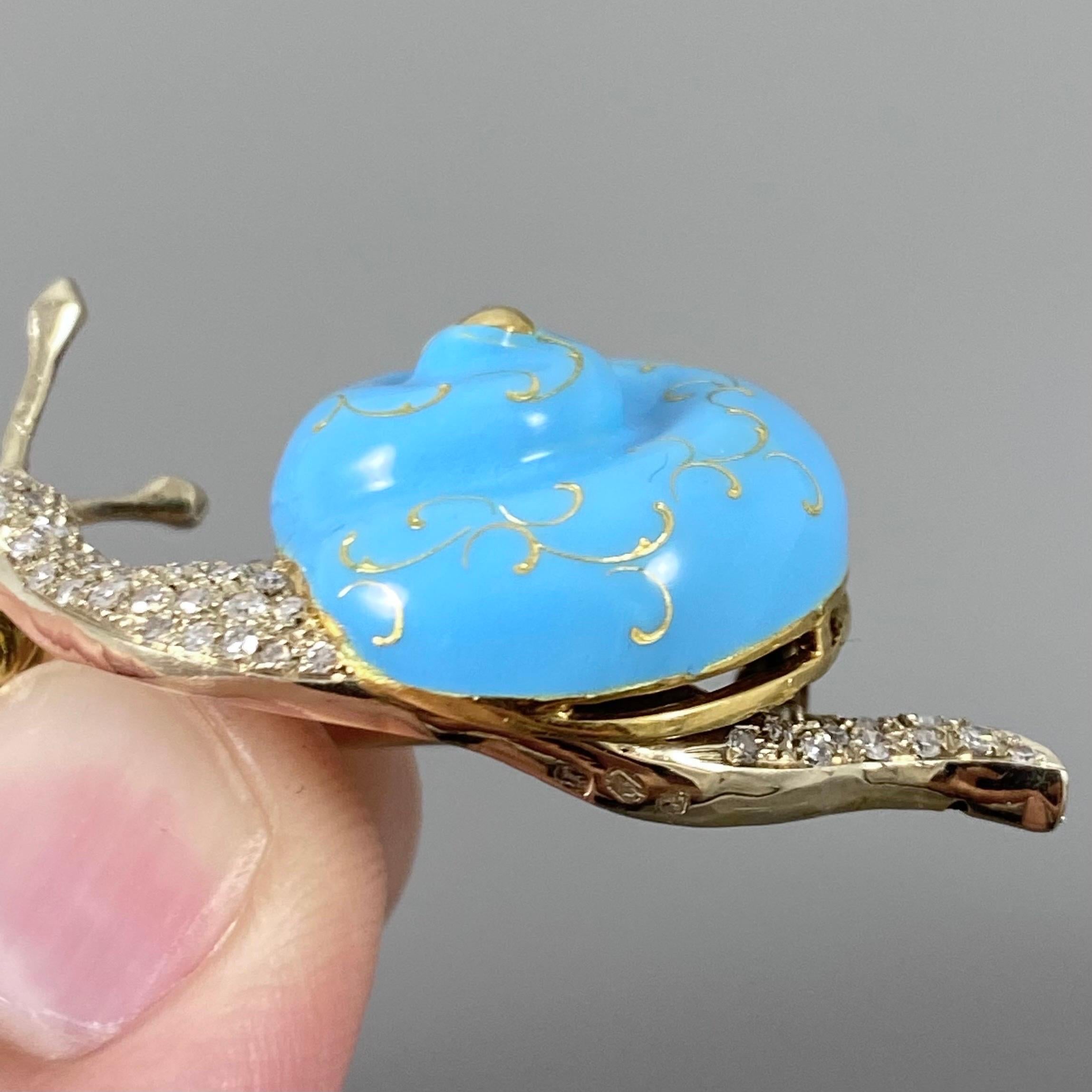 Women's or Men's Mid-Century Diamond Blue Enamel Snail Brooch Yellow White Gold Portuguese 1960s