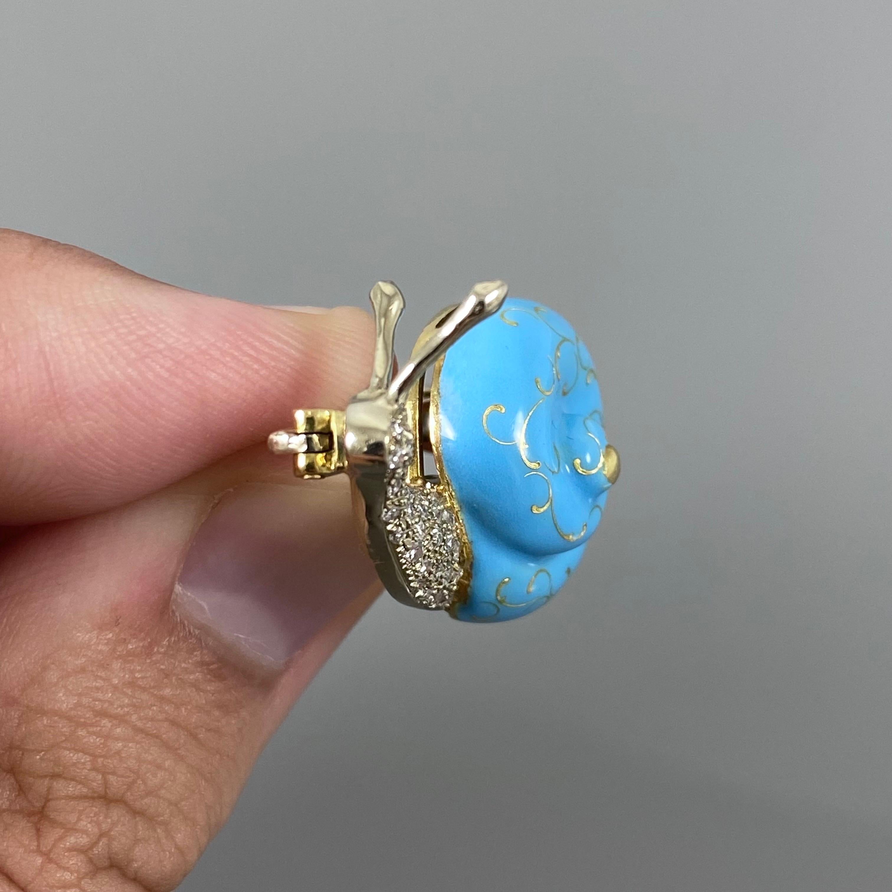 Mid-Century Diamond Blue Enamel Snail Brooch Yellow White Gold Portuguese 1960s 1