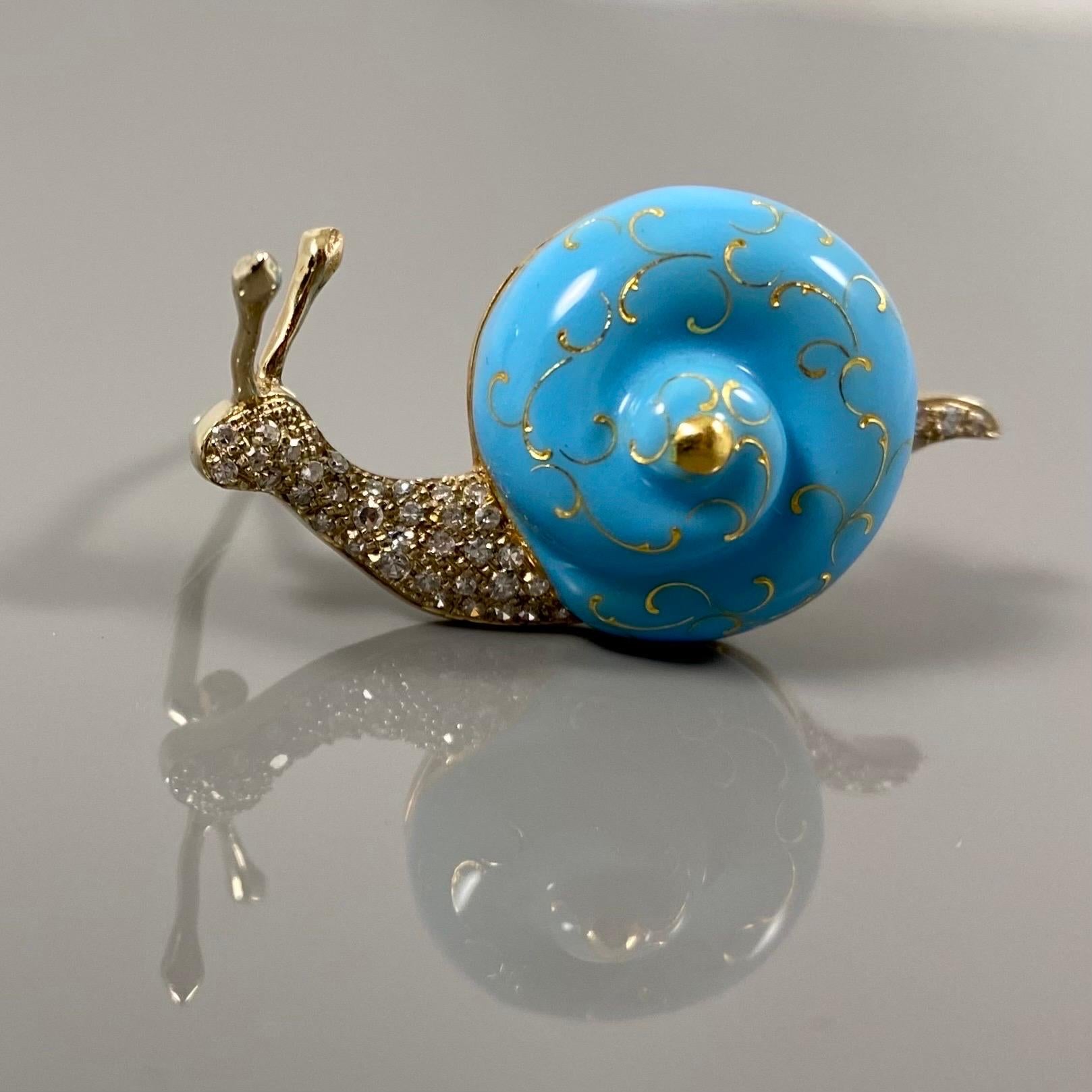 Mid-Century Diamond Blue Enamel Snail Brooch Yellow White Gold Portuguese 1960s 2