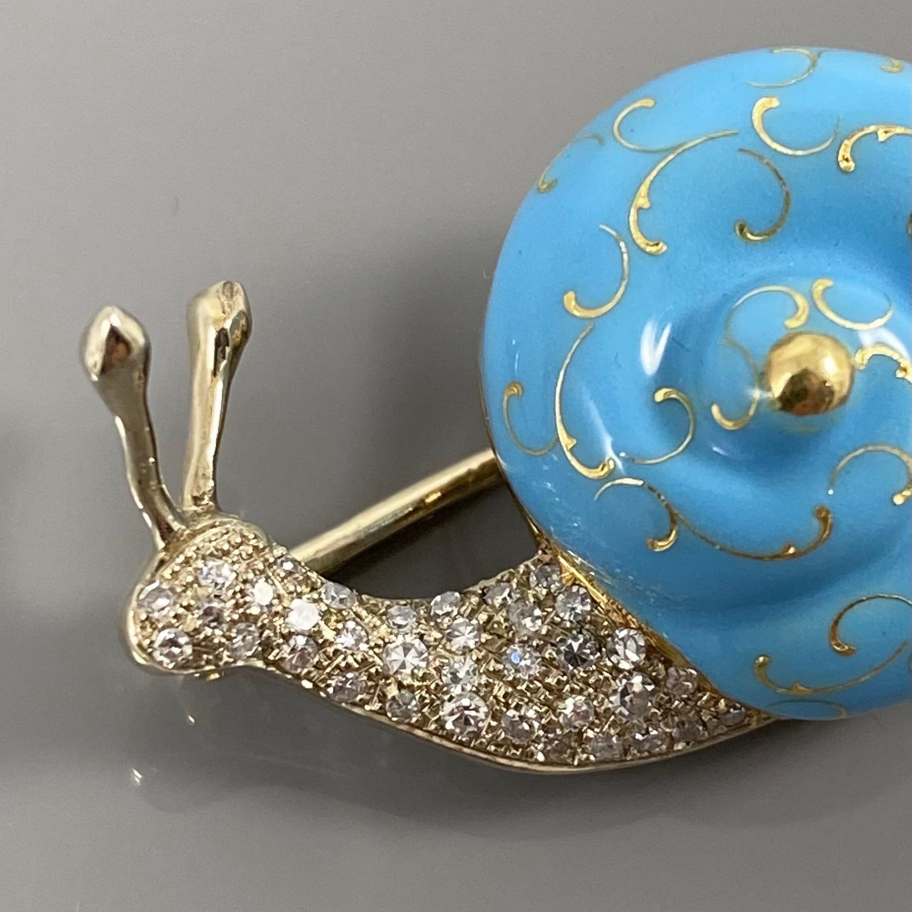 Mid-Century Diamond Blue Enamel Snail Brooch Yellow White Gold Portuguese 1960s 3