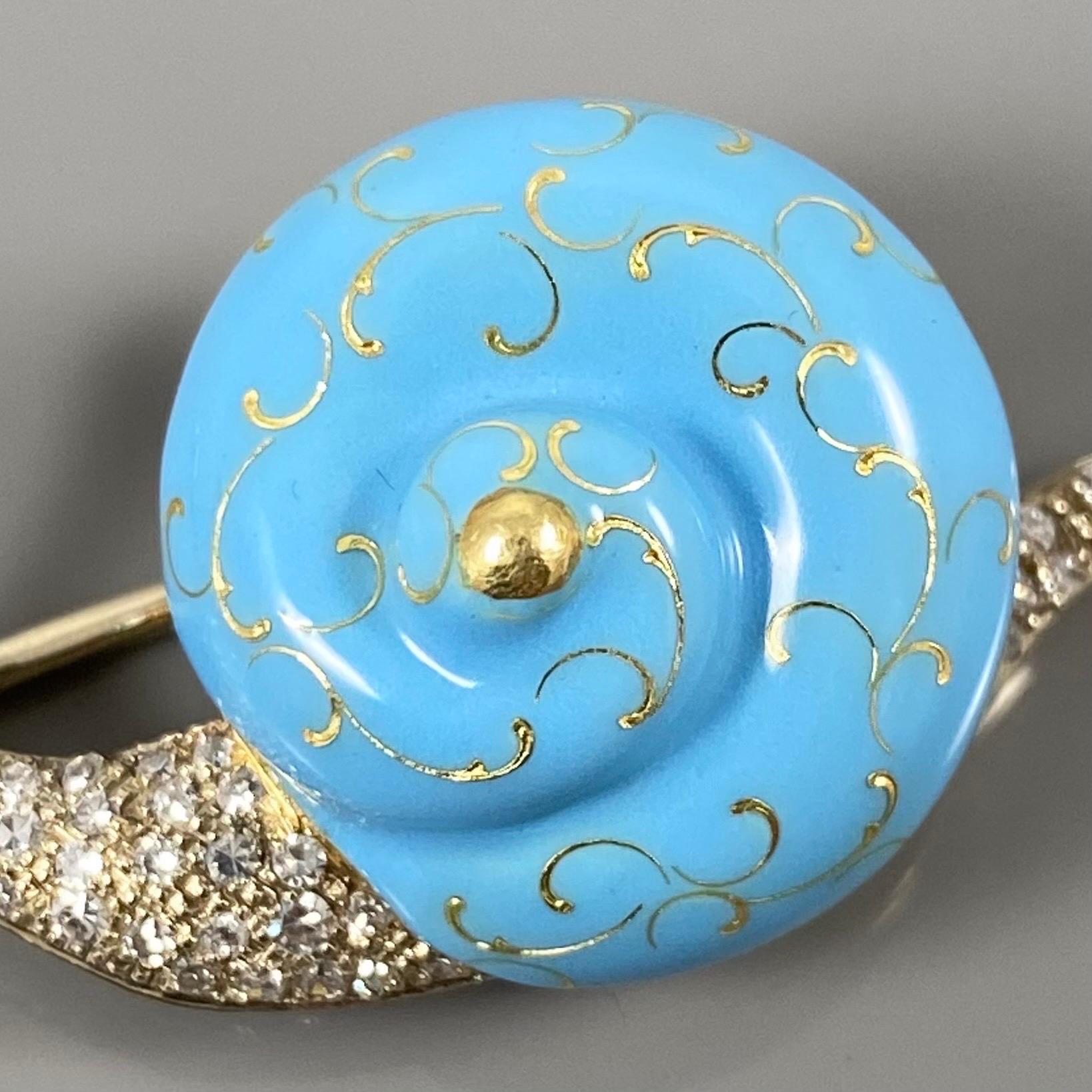 Mid-Century Diamond Blue Enamel Snail Brooch Yellow White Gold Portuguese 1960s 4