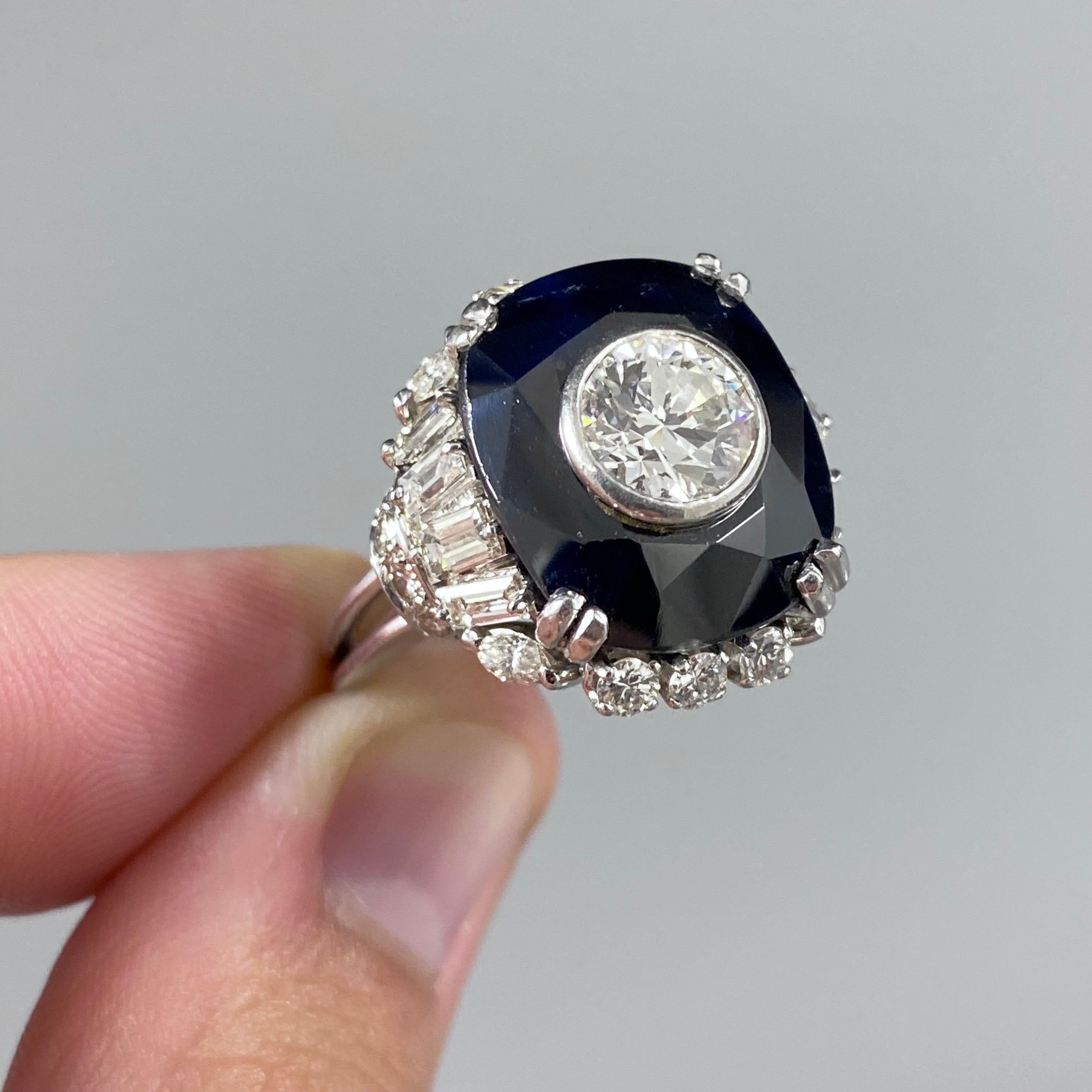 Mid-Century Diamond Blue Sapphire Ballerina Cocktail Ring Platinum 1950s/1960s For Sale 11