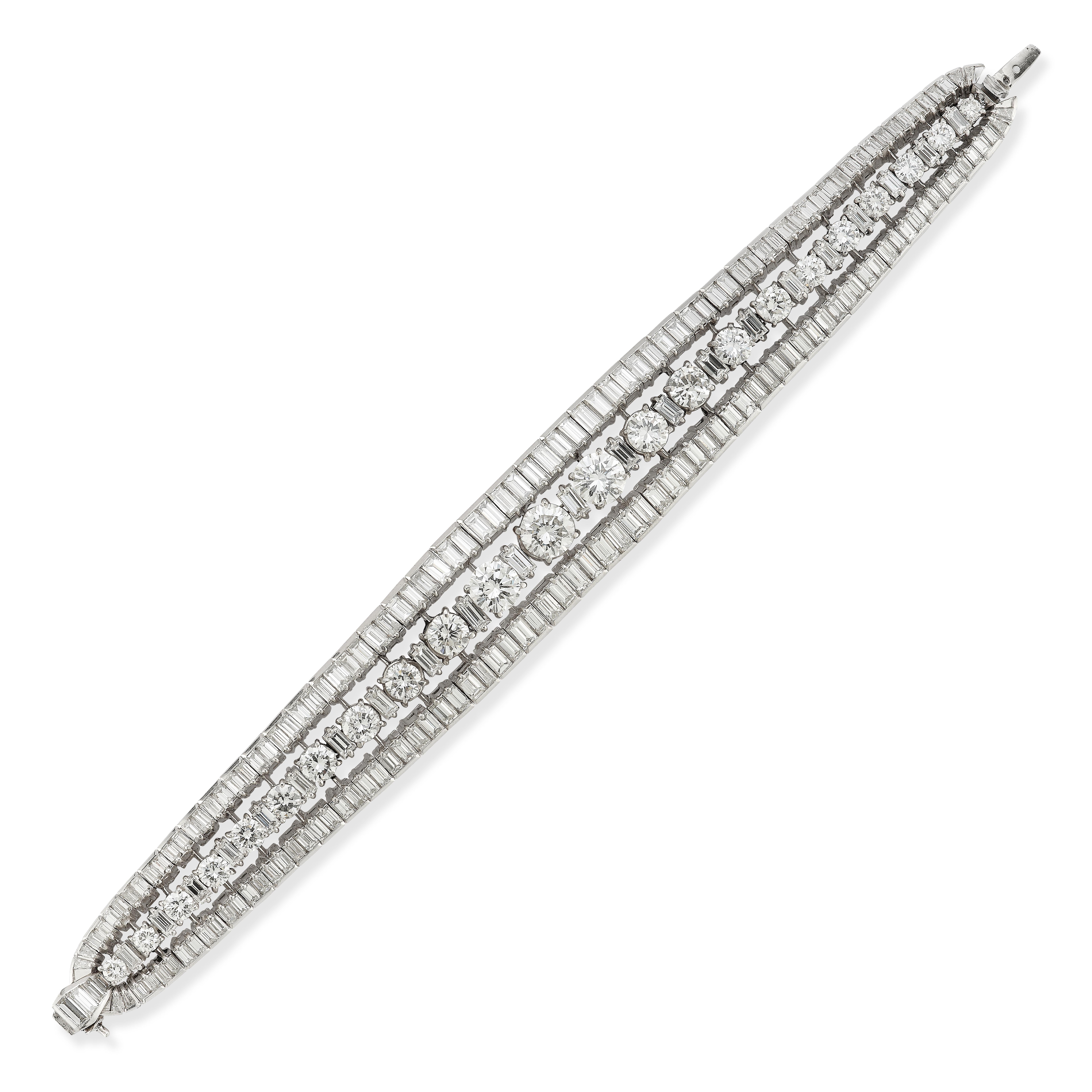 Mid Century Diamond Bracelet

A platinum bracelet set with round cut diamonds and baguette cut diamonds

Accompanied by a GAL report stating the total diamond weight of this bracelet is 27.40 carats

Length: 7