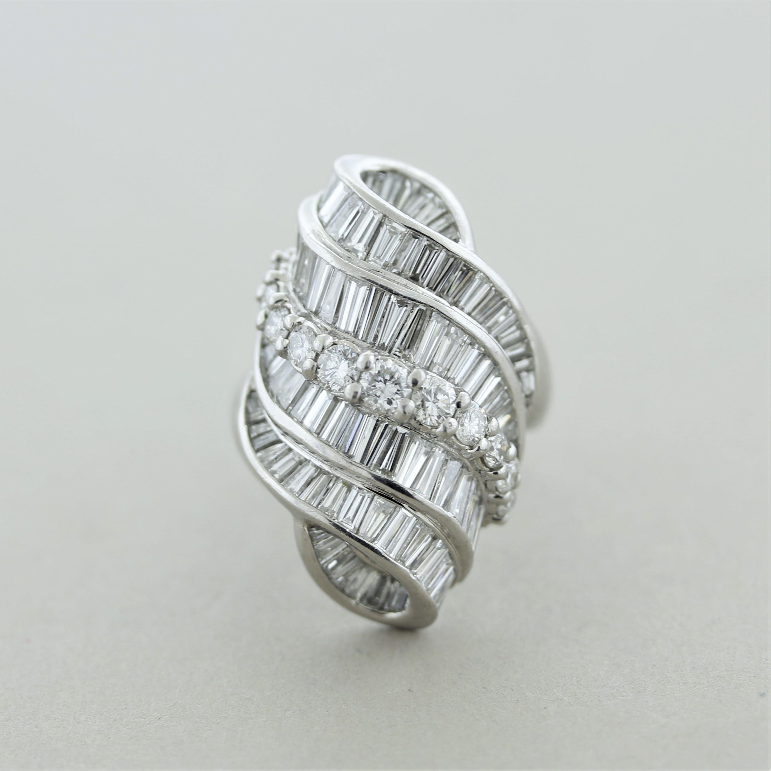 Mid-Century Diamond Cascade Platinum Cocktail Ring In Excellent Condition In Beverly Hills, CA