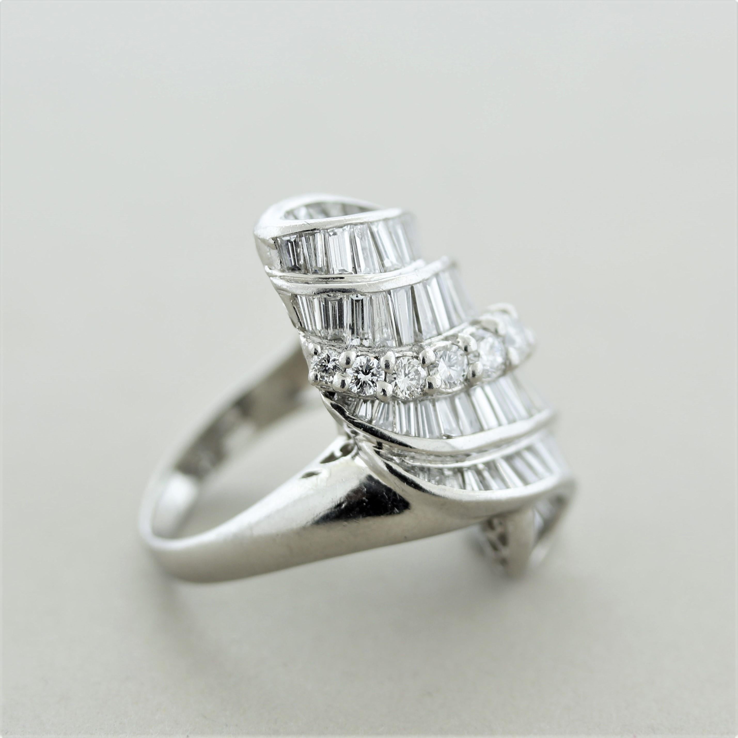 Mid-Century Diamond Cascade Platinum Cocktail Ring 2