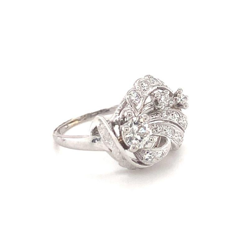 Old European Cut Mid-Century Diamond Cluster 14K White Gold Ring, circa 1950s For Sale