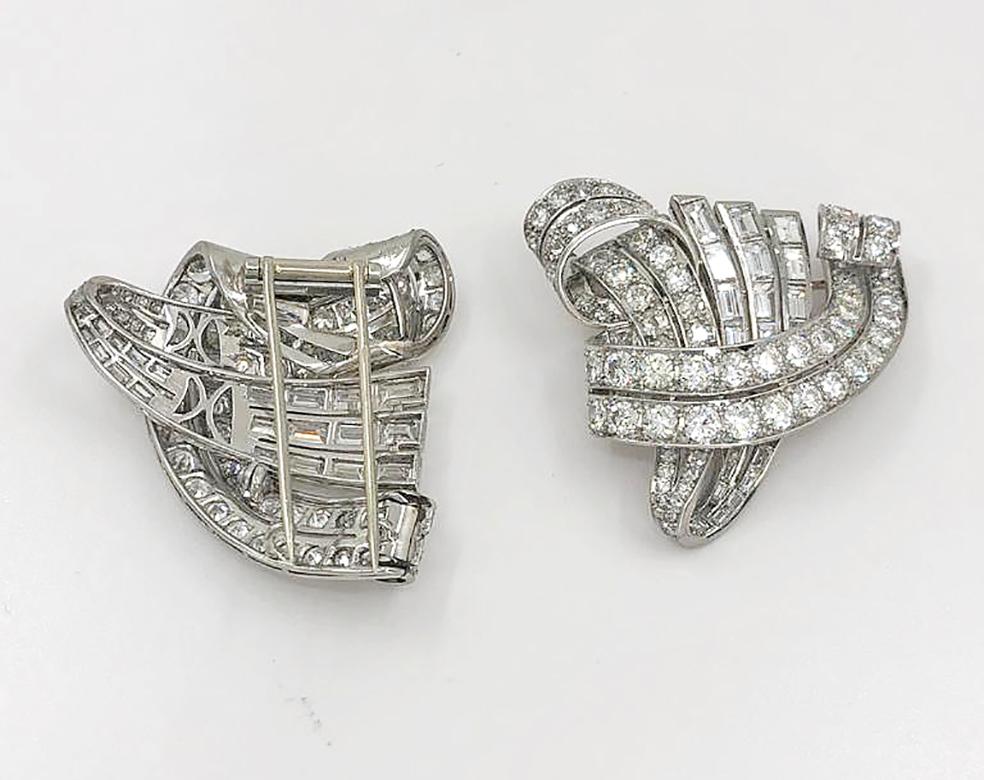 Mixed Cut Diamond Platinum Mid-Century Double Clip Brooch Pair For Sale