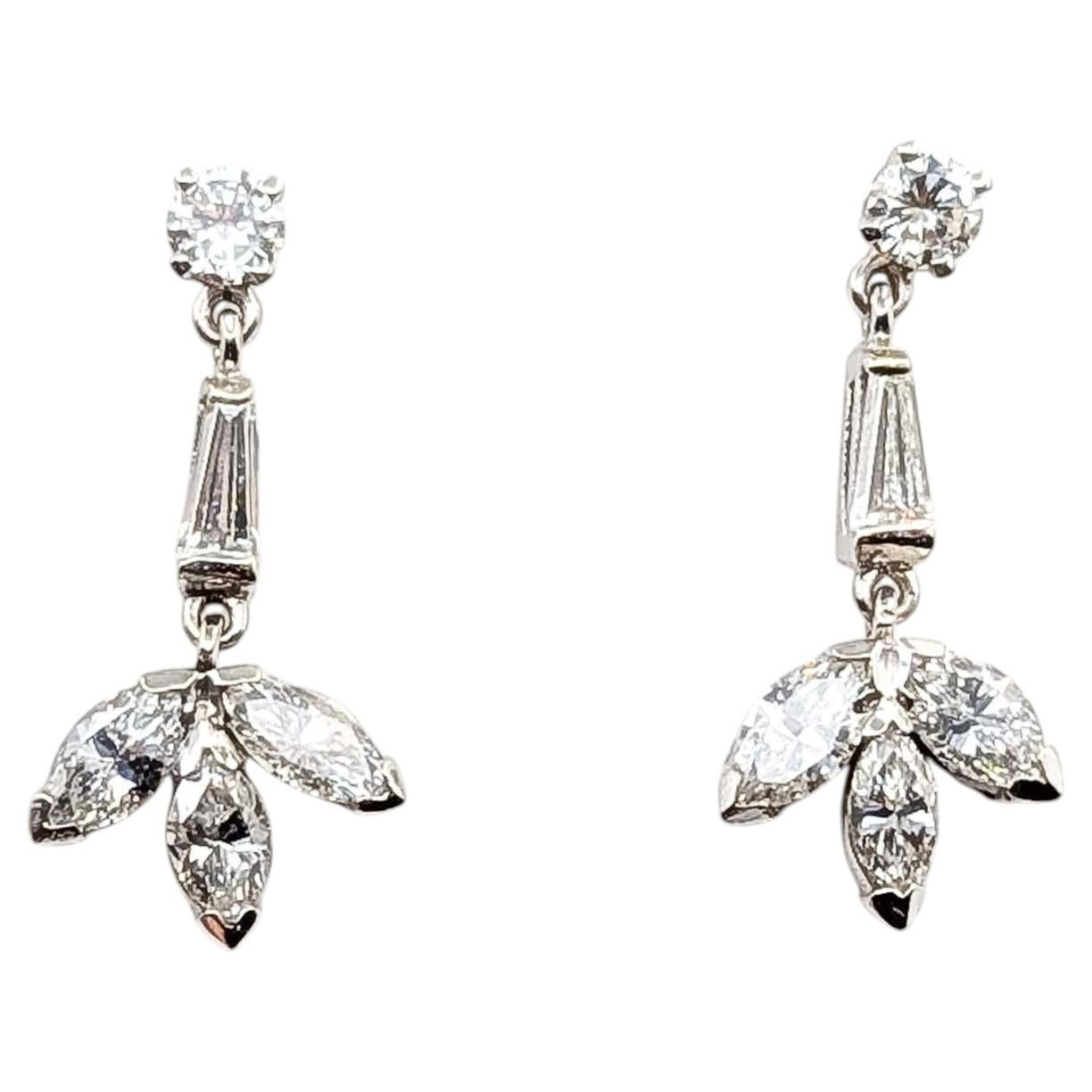 Mid-Century Diamond Drop Earrings in 14k White Gold