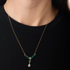 Mid Century 18k Gold Diamond Emerald Necklace, Circa 1960, 0.80ct