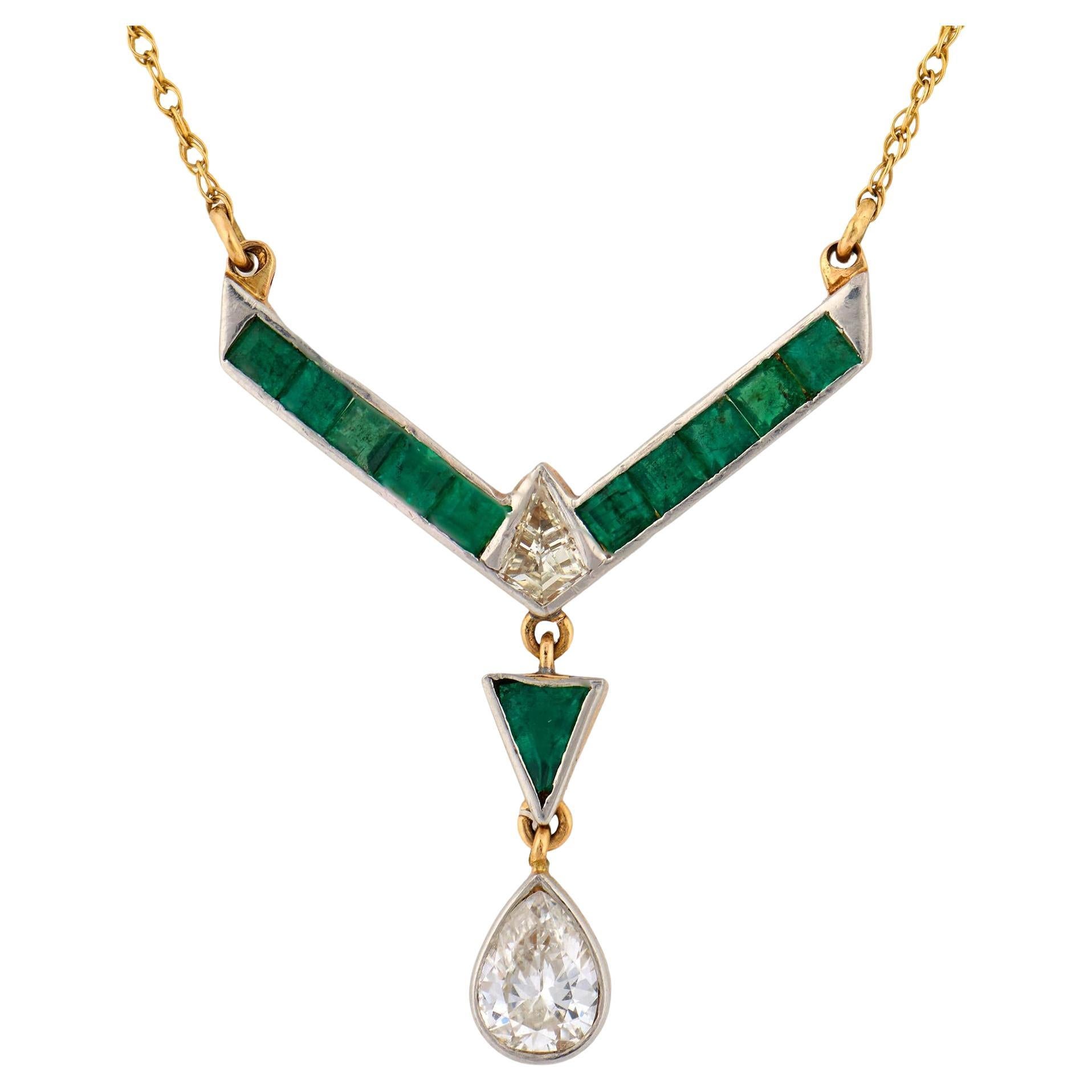 Collana in oro 18k con diamanti e smeraldi del Mid Century in vendita