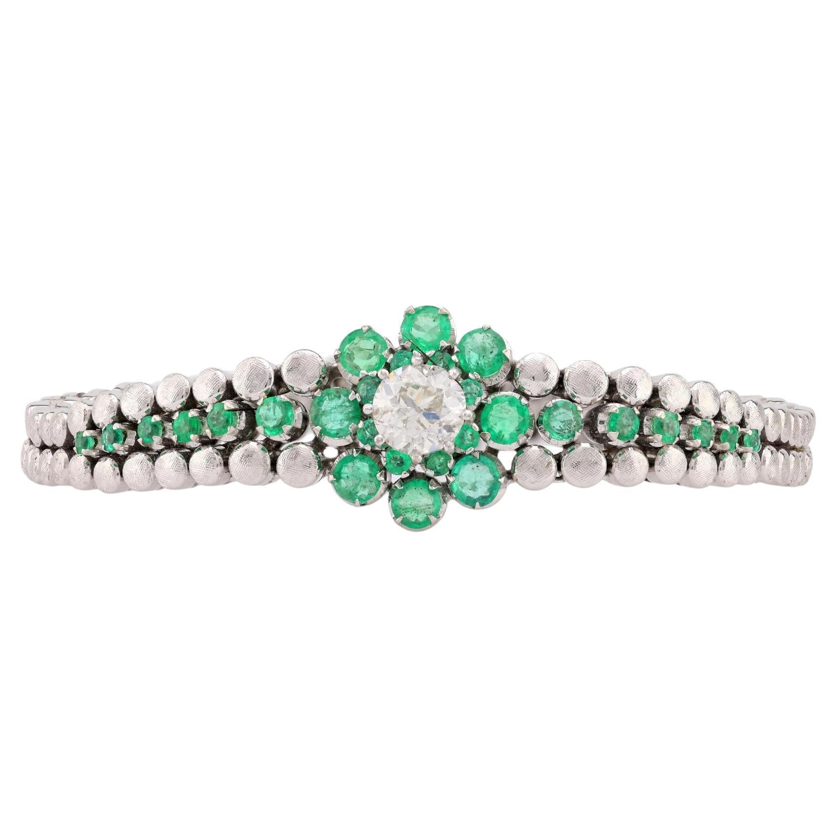 Mid Century Diamond Emerald 18K White Gold Floral Bracelet