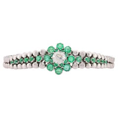 Mid Century Diamond Emerald 18K White Gold Floral Bracelet