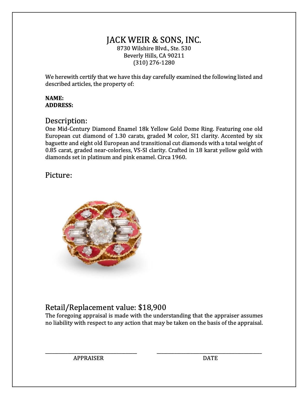 Women's or Men's Mid-Century Diamond Enamel 18k Yellow Gold Dome Ring For Sale