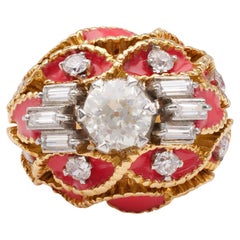 Vintage Mid-Century Diamond Enamel 18k Yellow Gold Dome Ring