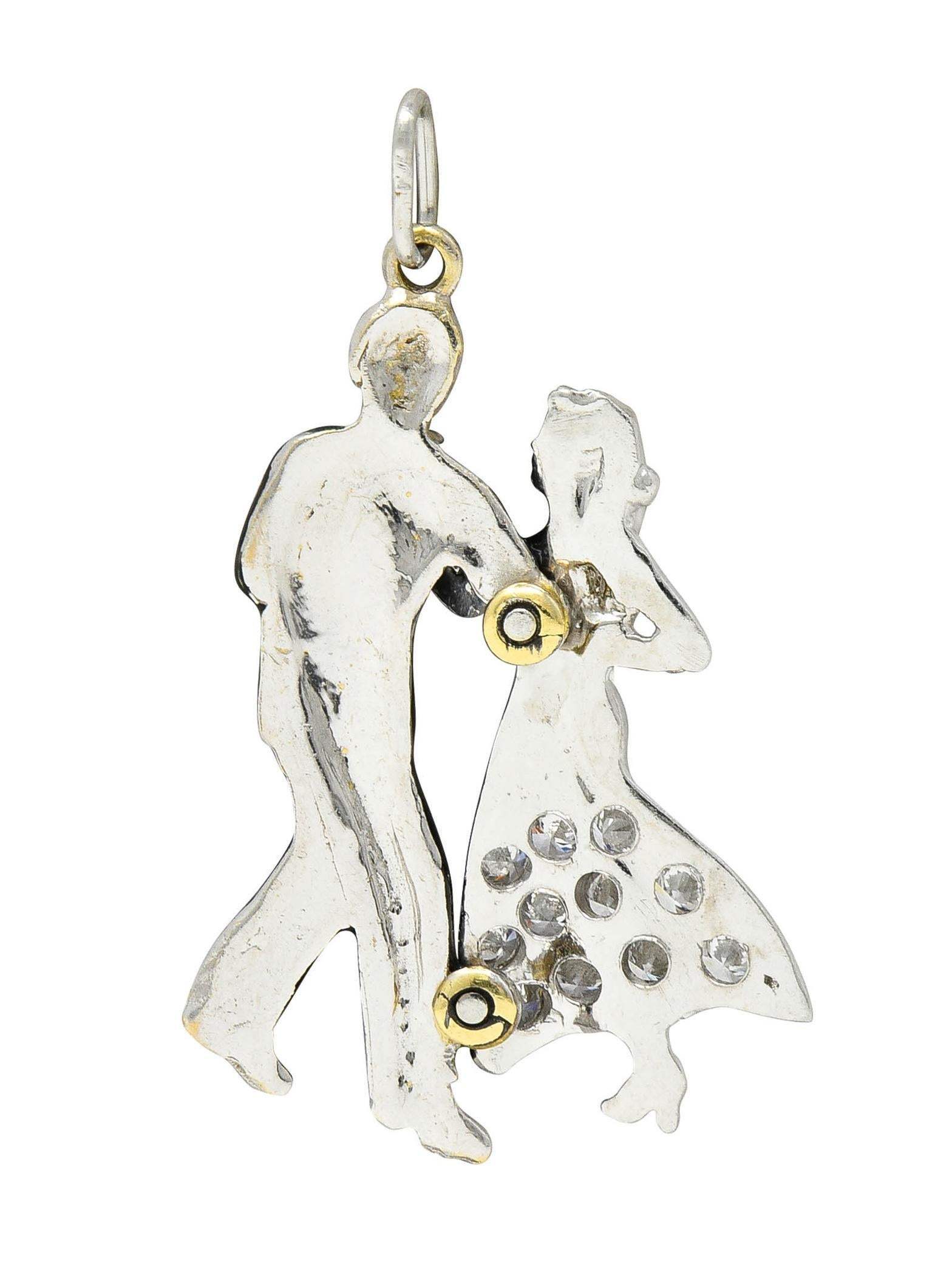 Brilliant Cut Mid-Century Diamond Enamel Platinum Vintage Dancing Couple Charm For Sale