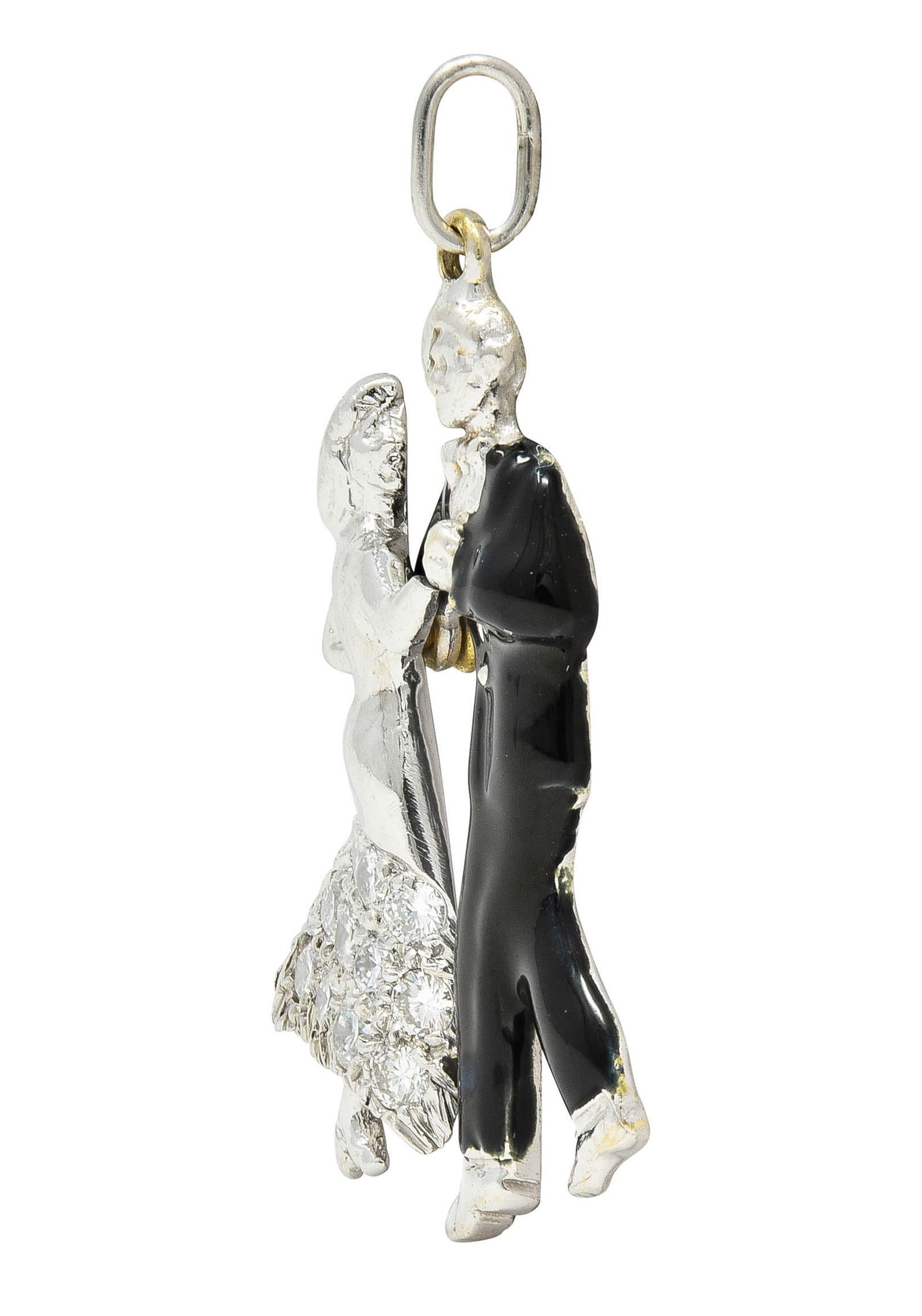 Mid-Century Diamond Enamel Platinum Vintage Dancing Couple Charm In Excellent Condition For Sale In Philadelphia, PA