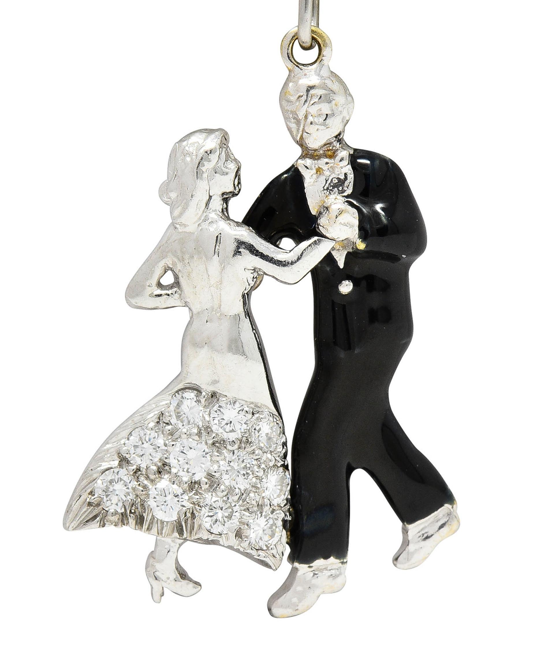 Women's or Men's Mid-Century Diamond Enamel Platinum Vintage Dancing Couple Charm For Sale