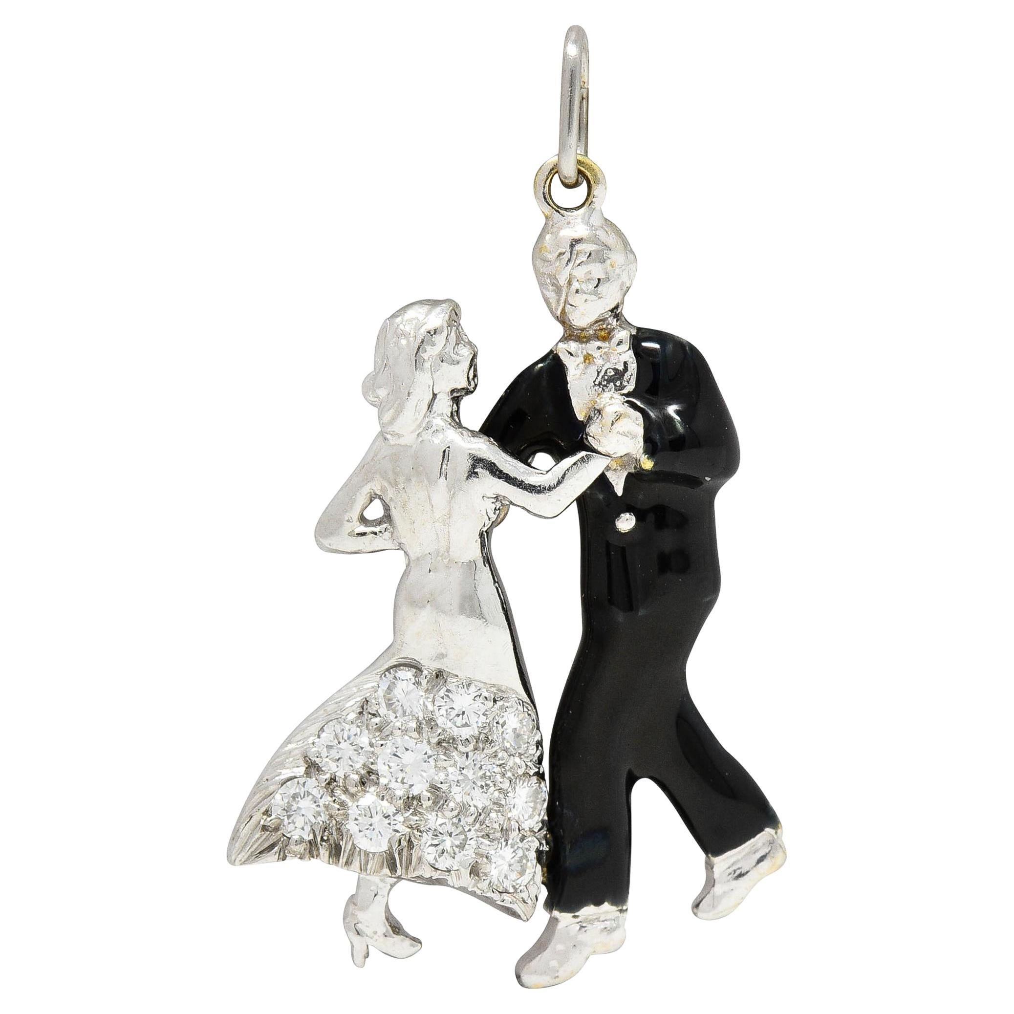 Mid-Century Diamond Enamel Platinum Vintage Dancing Couple Charm For Sale