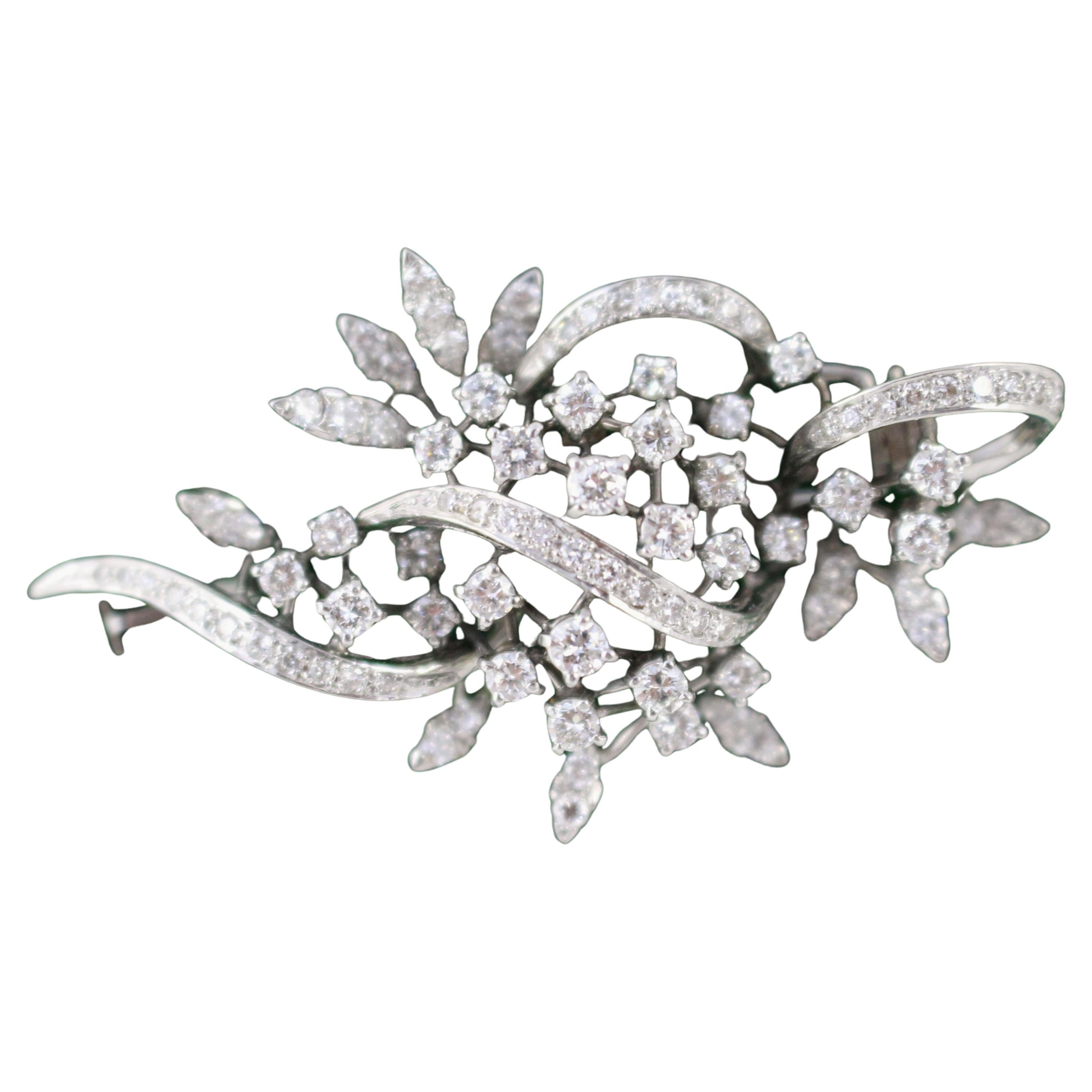 Mid-Century Diamond Foliate Brooch in 18 Carat White Gold