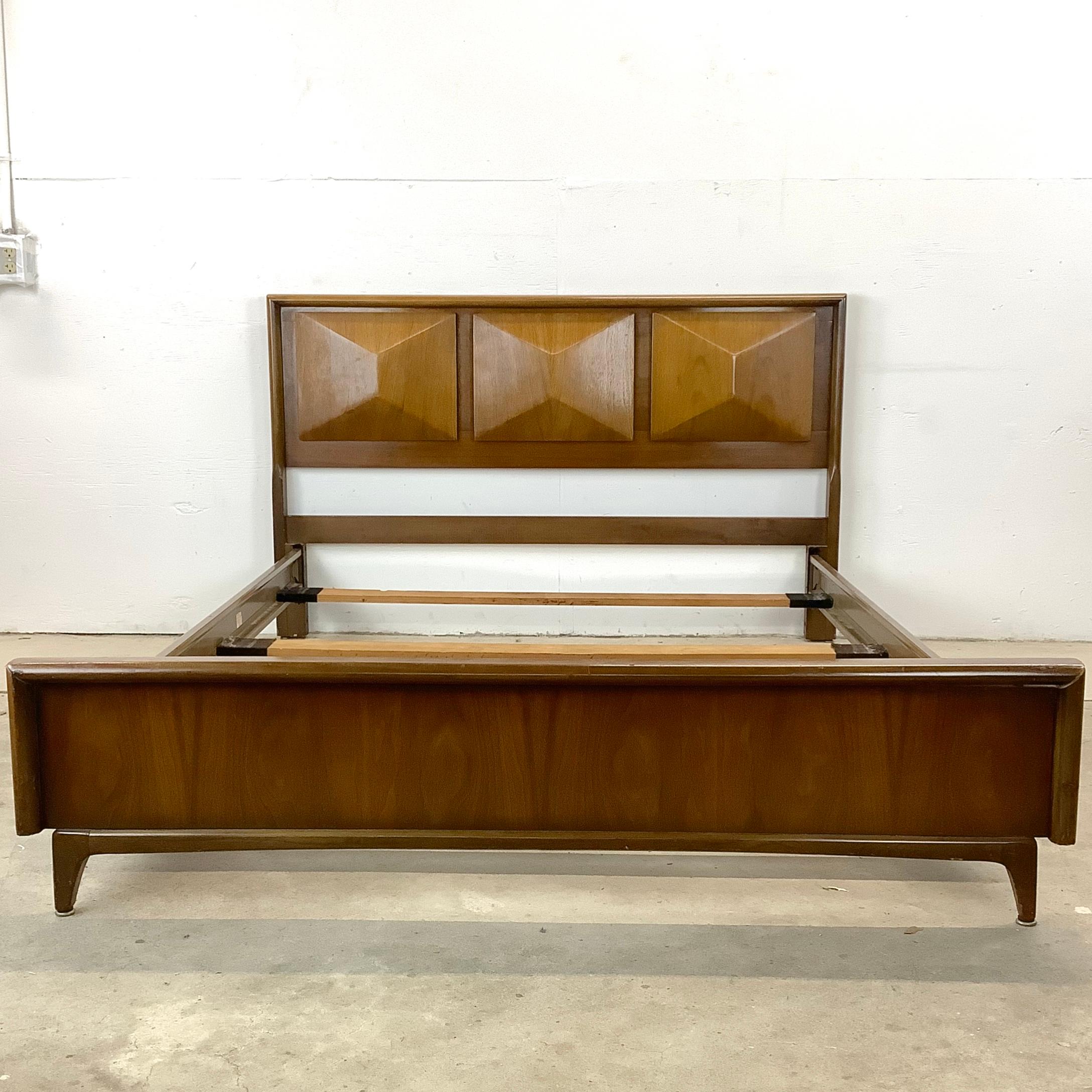 Elevate your bedroom with the exquisite Mid-Century Diamond Front Walnut Bed Frame from the prestigious United Furniture collection. This bed frame is a testament to the timeless allure of mid-century design, a tribute to the craftsmanship and
