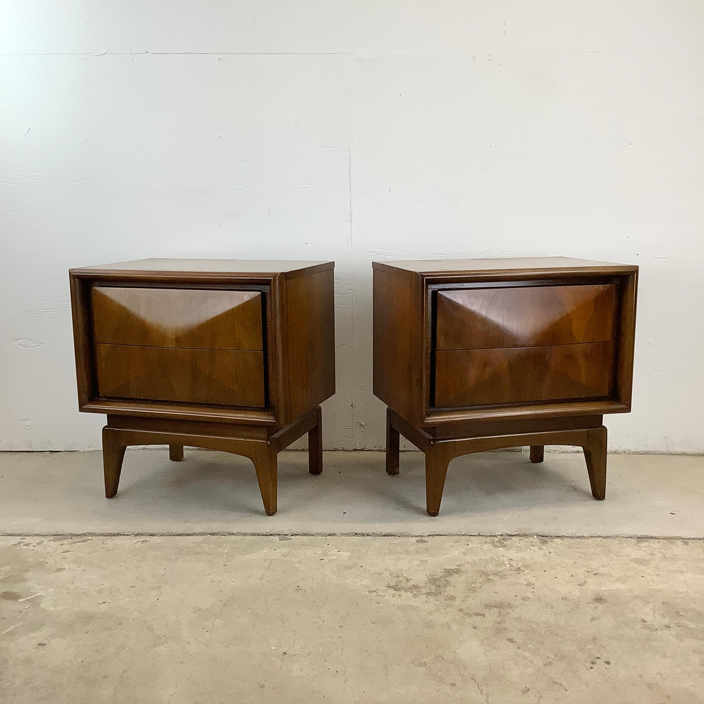 Enhance your bedroom decor with this stunning pair of Mid-Century Diamond Front Nightstands. These exquisite pieces bring both style and function to your space, embodying the timeless elegance and innovative spirit of mid-century modern design.