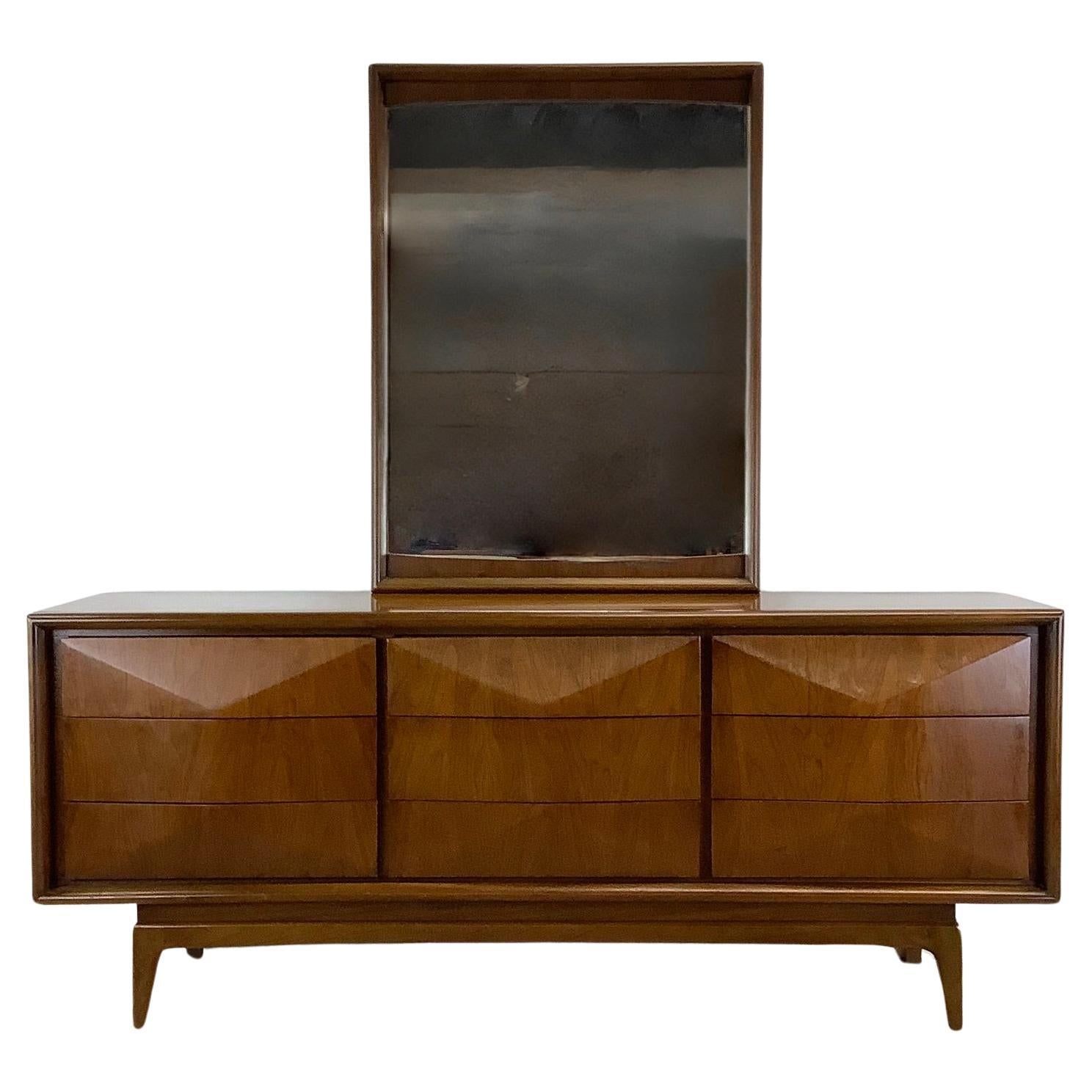 Mid-Century Diamond Front Walnut Dresser by United