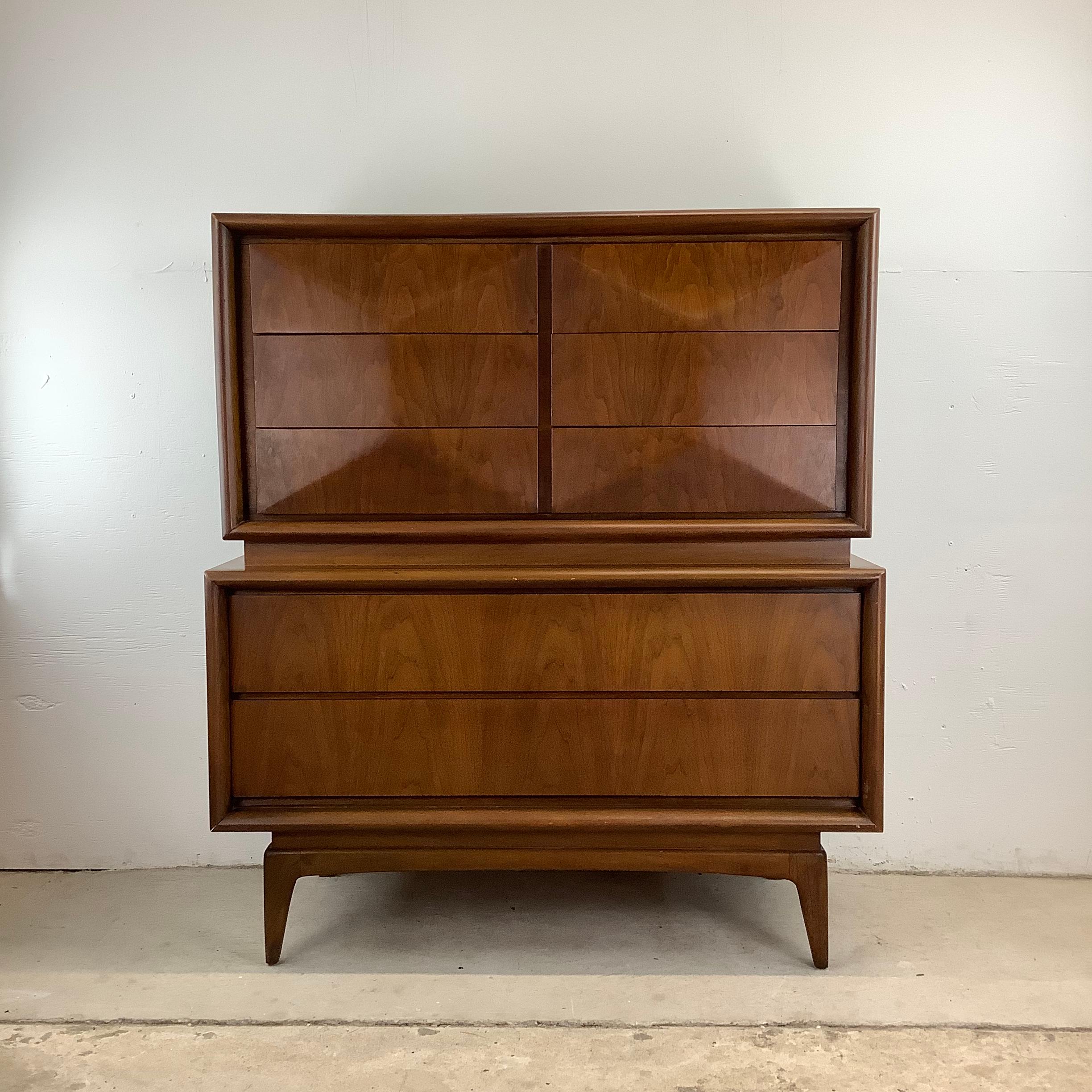 Mid-Century Diamond Front Walnut Highboy by United Furniture 9