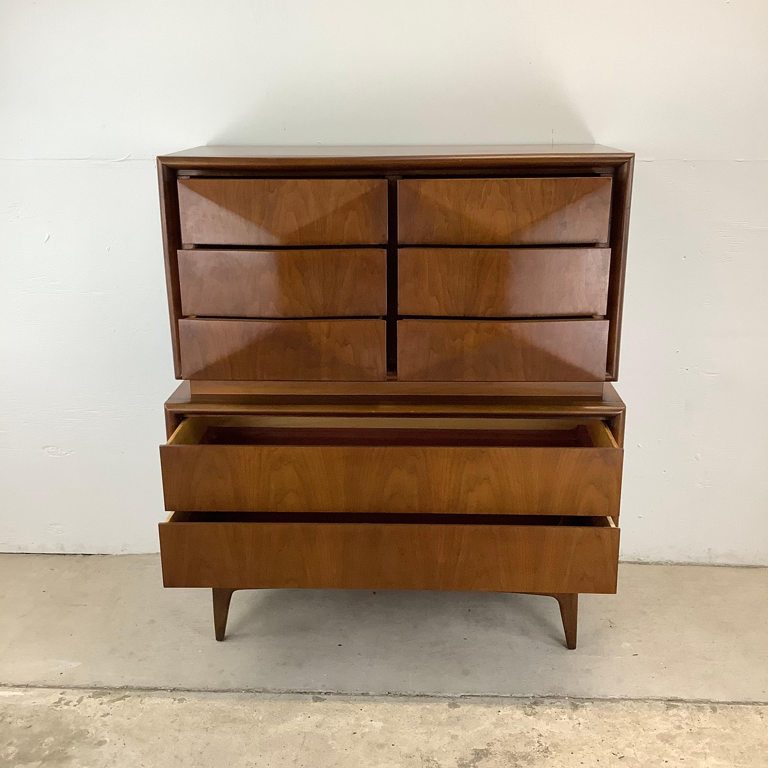 American Mid-Century Diamond Front Walnut Highboy by United Furniture