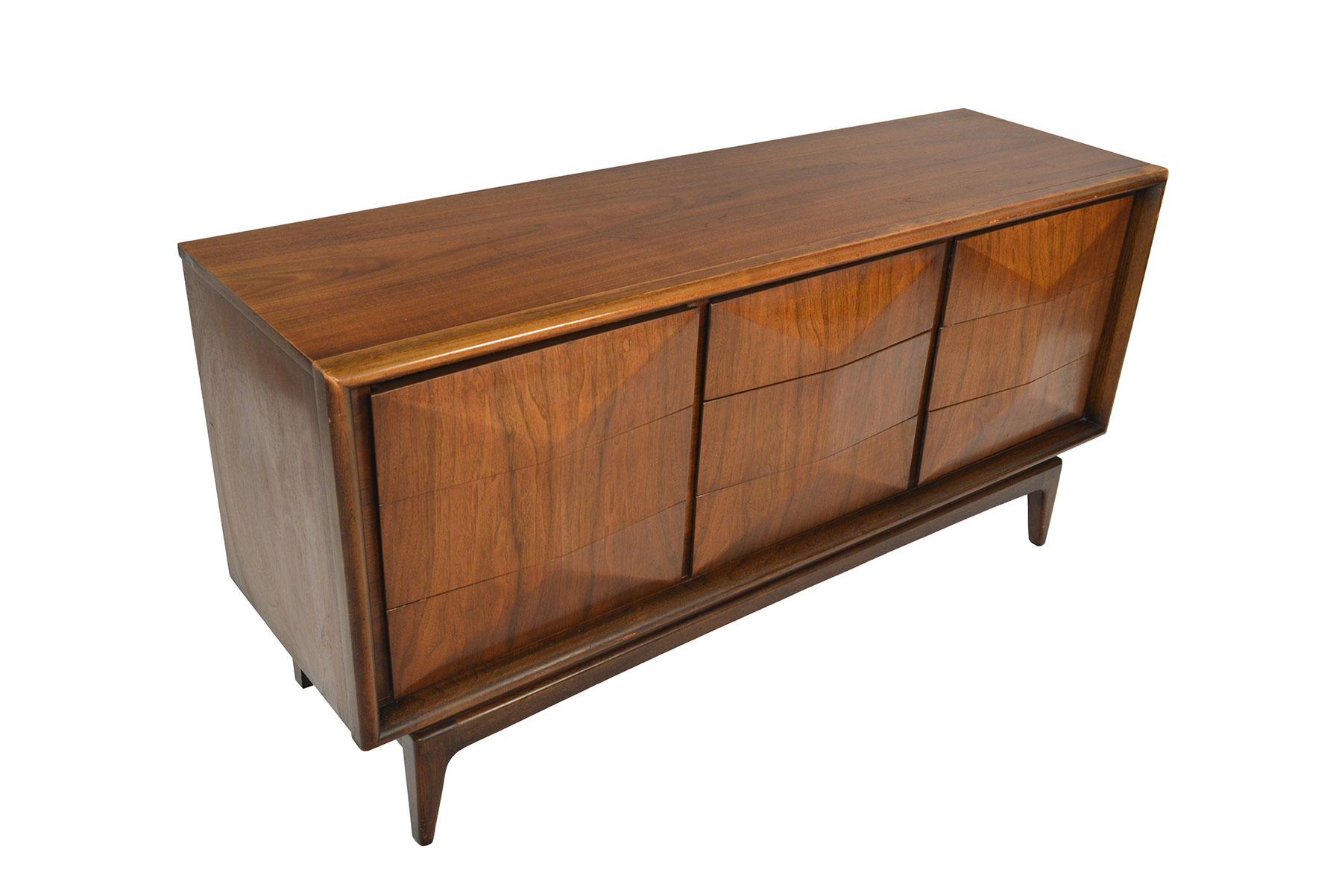 American Midcentury Diamond Front Walnut Nine-Drawer Dresser