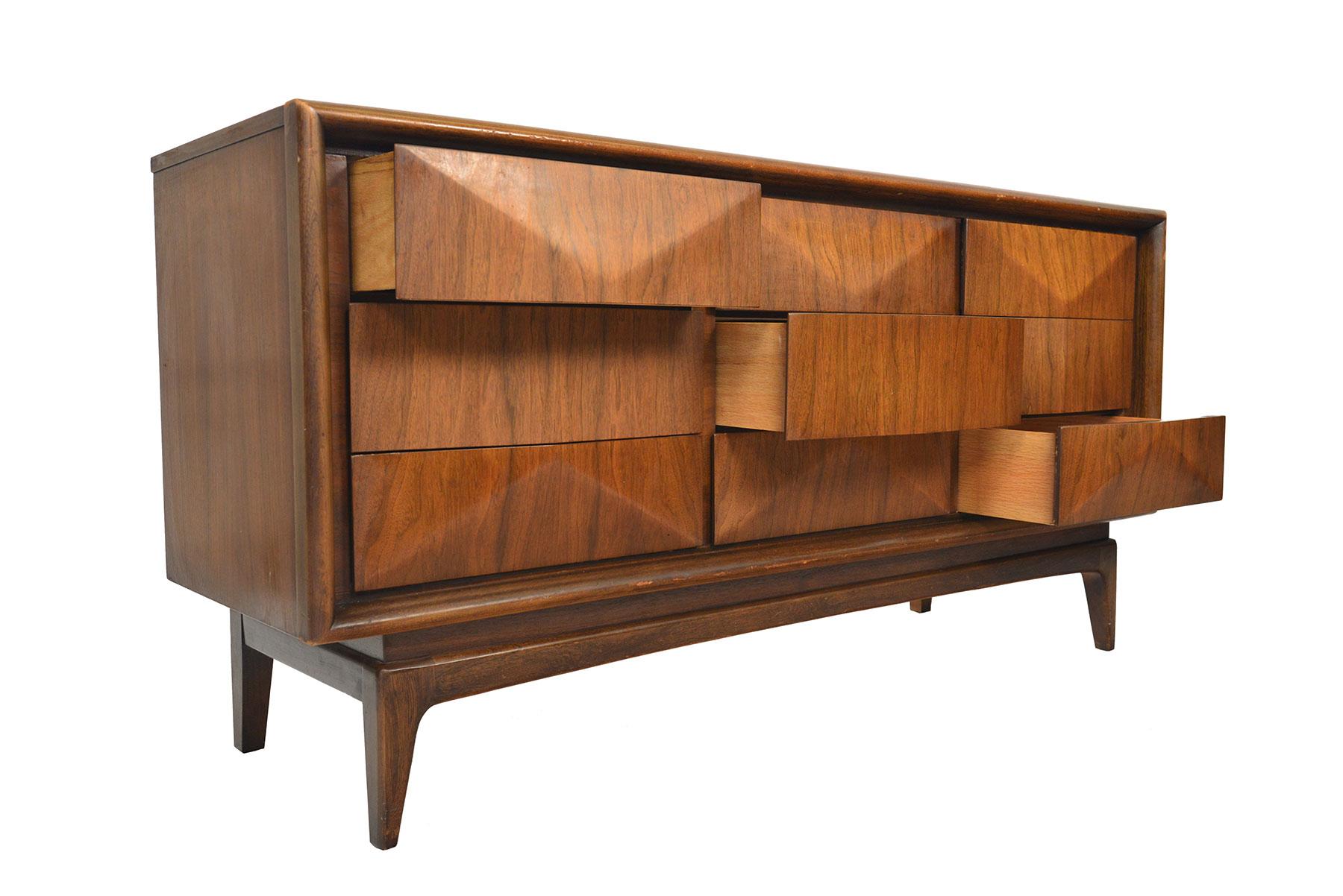 20th Century Midcentury Diamond Front Walnut Nine-Drawer Dresser