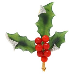 Mid-Century Diamond Hardstone Platinum 14K Gold Vintage Holly Brooch
