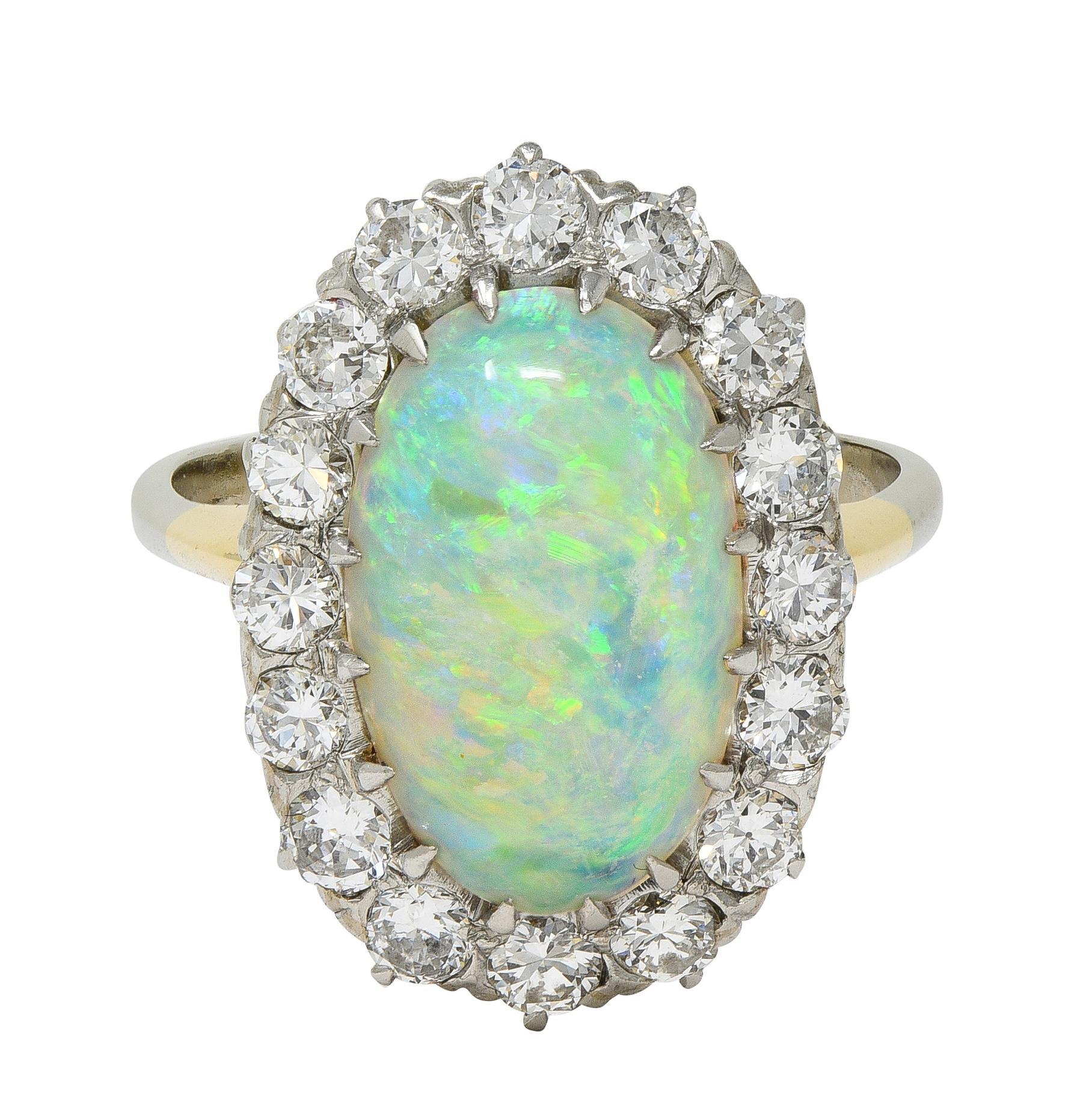 Mid-Century Diamant Jelly Opal Platin 14 Karat Gold Vintage Halo-Ring mit Halo-Ring