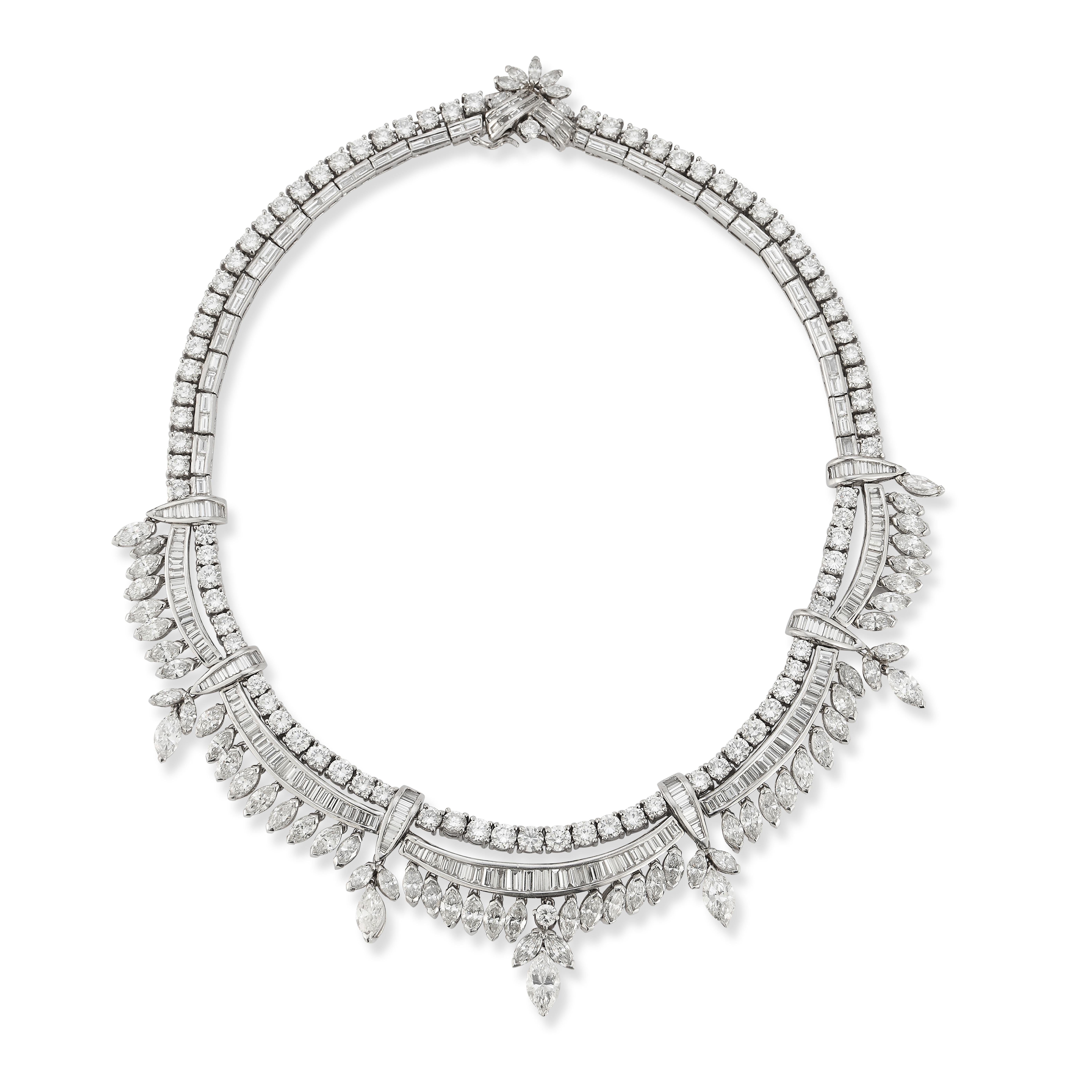 Mid Century Diamond Necklace

A platinum necklace set with 83 round cut diamonds, 66 marquise cut diamonds, and 204 baguette cut diamonds with a total approximate Diamond Weight of 60.45 carats
Approximate Color Grade: G-H
Approximate Clarity Grade:
