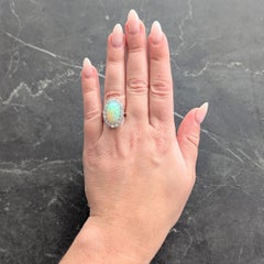 Medio Siglo Diamante Ópalo Platino Oro 14 Kilates Anillo Halo Vintage