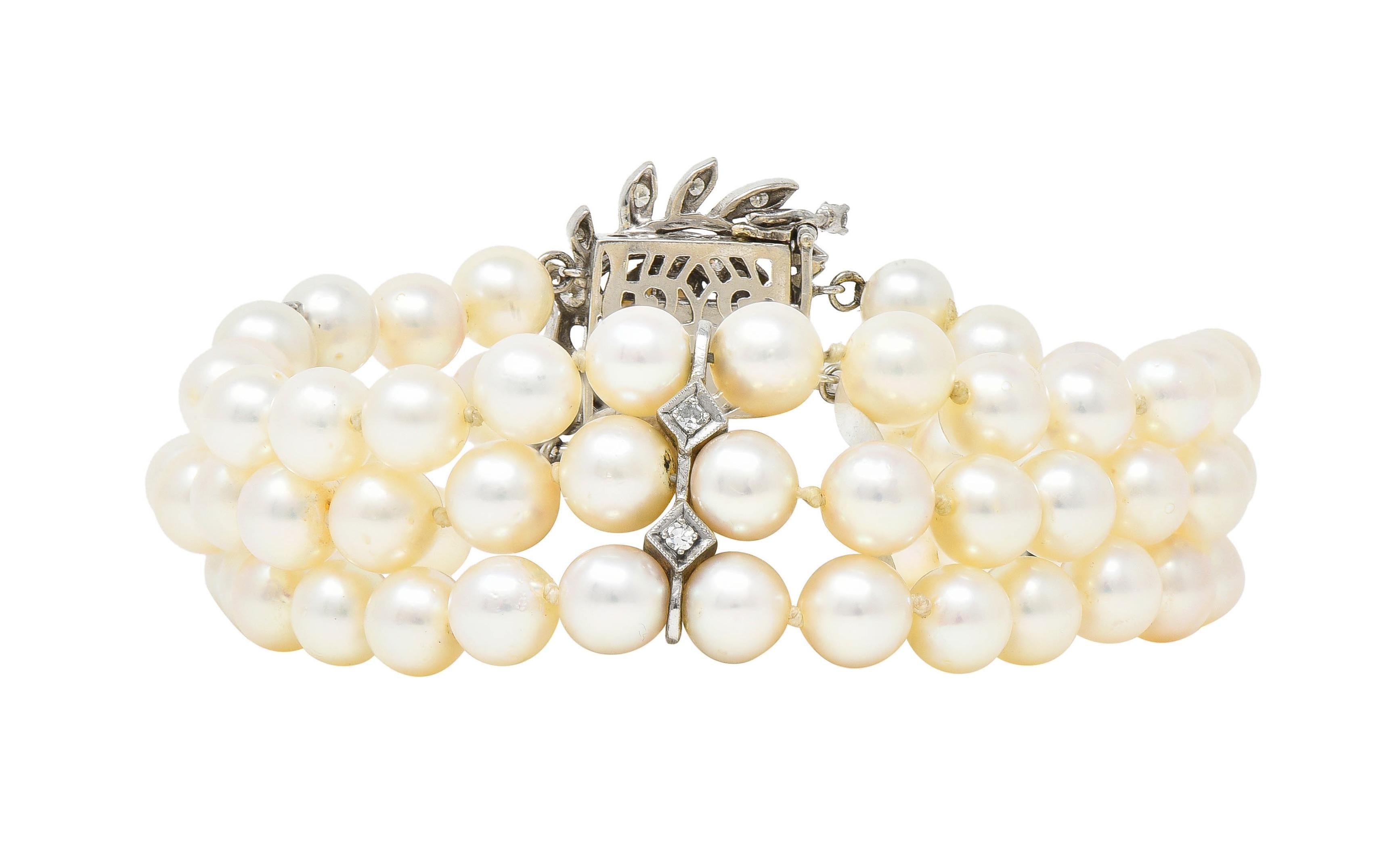 Mid-Century Diamond Pearl 14 Karat Gold Foliate Multi-Strand Vintage Bracelet For Sale 5