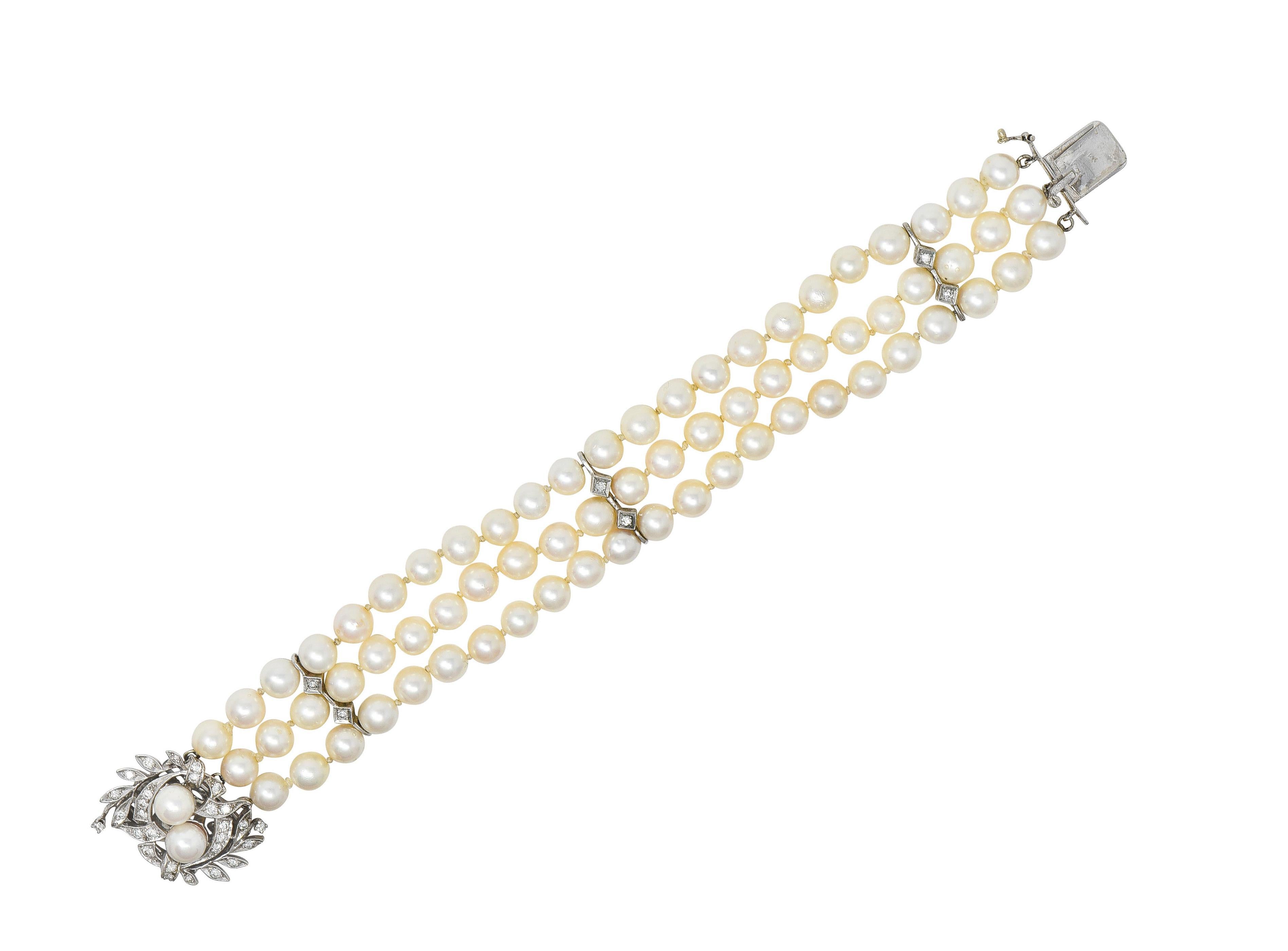 Comprised of three strands of round pearl beads with white gold foliate and diamond motif stations 
Pearls range in size from 6.0 to 7.0 mm - cream to pink in color with strong iridescence and luster
Foliate motif station doubles as clasp and
