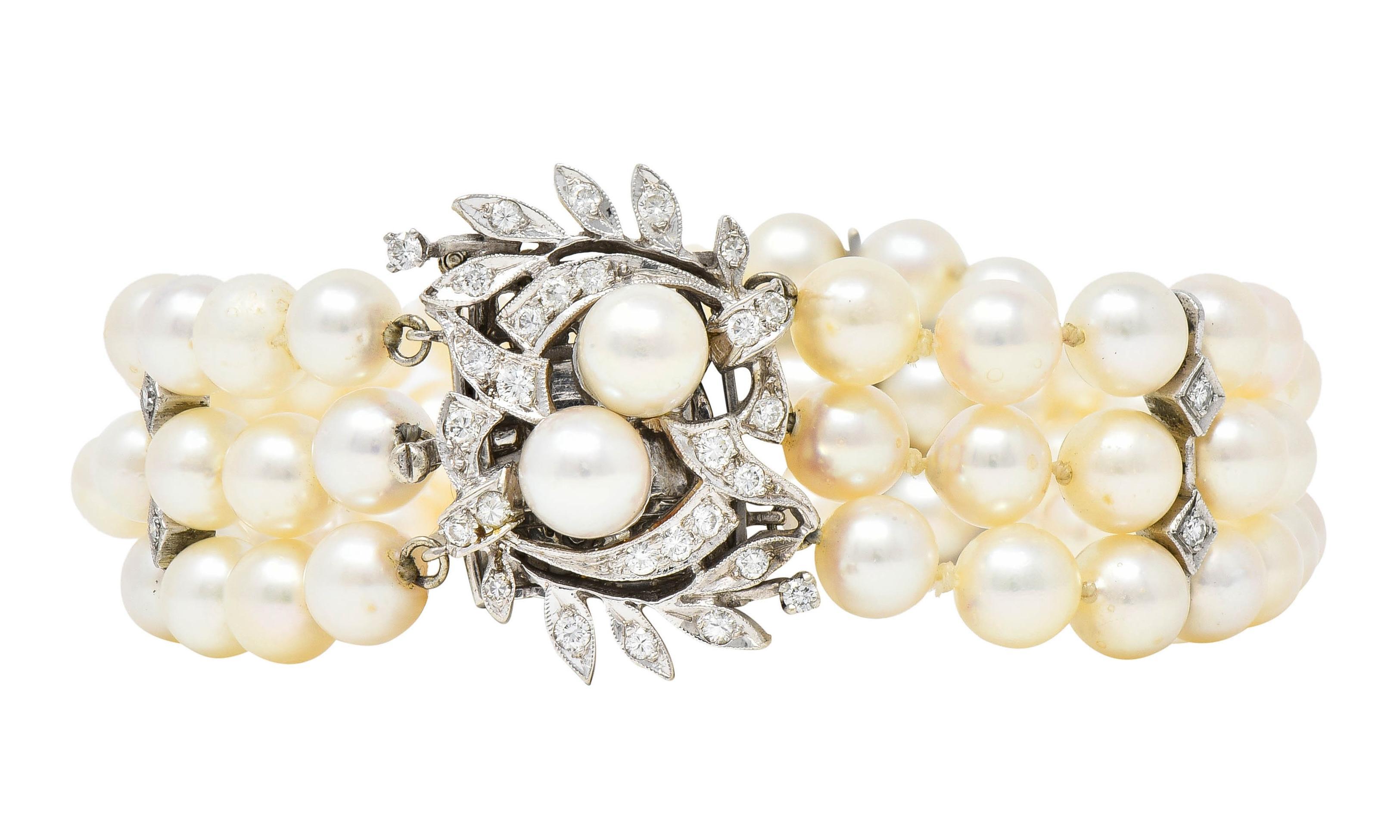 Bracelet vintage multibrins en or 14 carats avec perles et feuillages de diamants du milieu du siècle dernier Excellent état à Philadelphia, PA