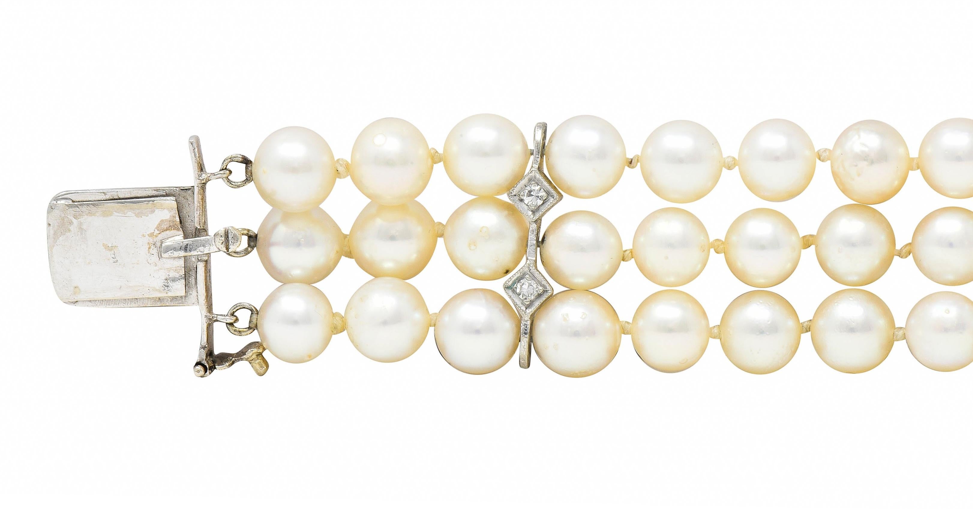 Women's or Men's Mid-Century Diamond Pearl 14 Karat Gold Foliate Multi-Strand Vintage Bracelet