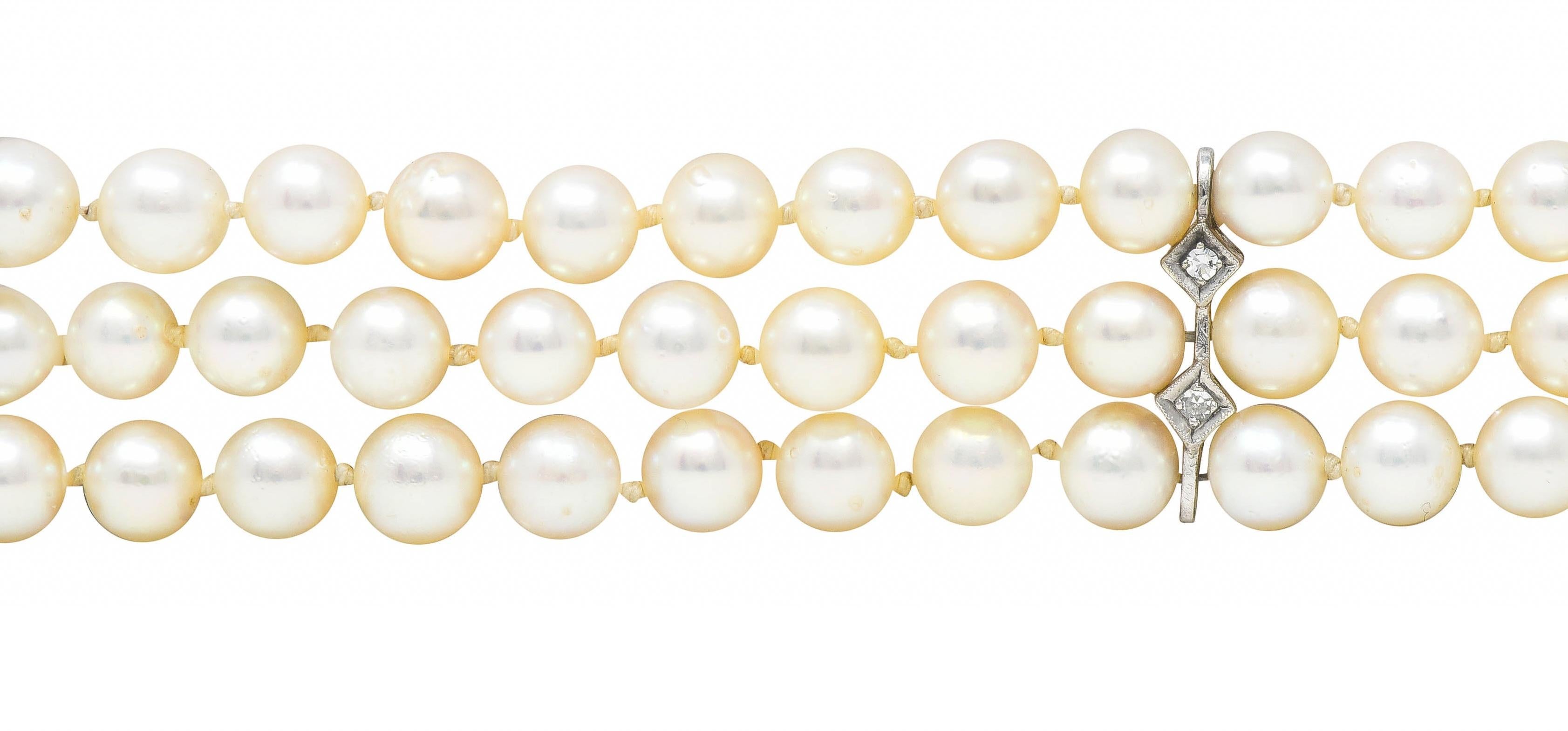 Bracelet vintage multibrins en or 14 carats avec perles et feuillages de diamants du milieu du siècle dernier 1