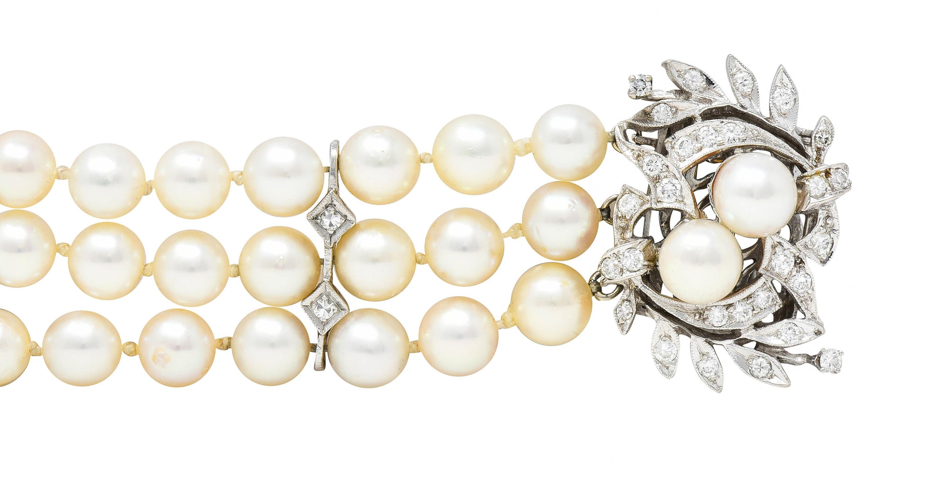 Bracelet vintage multibrins en or 14 carats avec perles et feuillages de diamants du milieu du siècle dernier 2