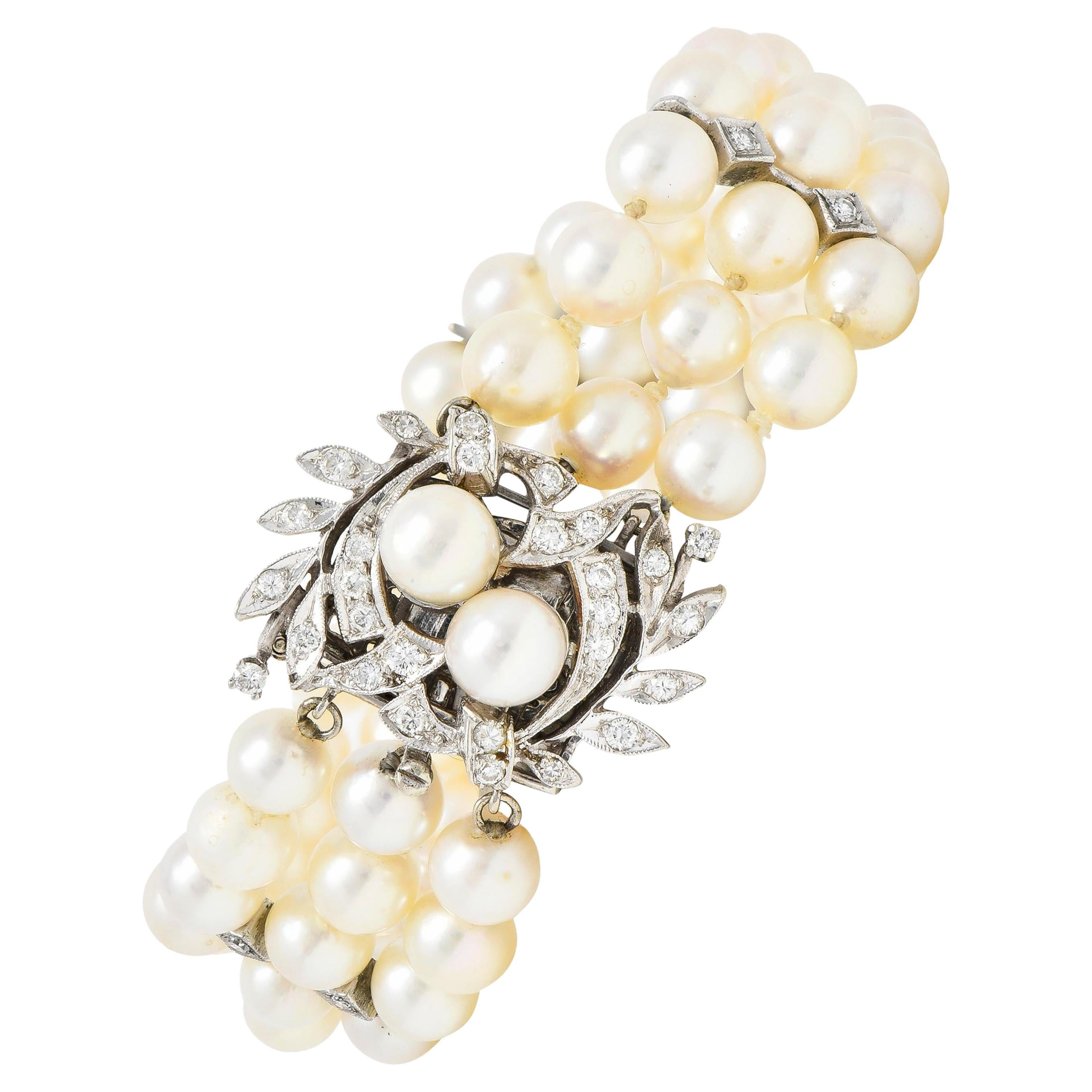 Mid-Century Diamond Pearl 14 Karat Gold Foliate Multi-Strand Vintage Bracelet