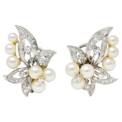 Mid-Century Diamond Pearl 14 Karat White Gold Vintage Foliate Ear-Clip Earrings
