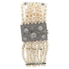 Bracelet multibrins en or blanc 18 carats avec diamants et perles de style Mid Century