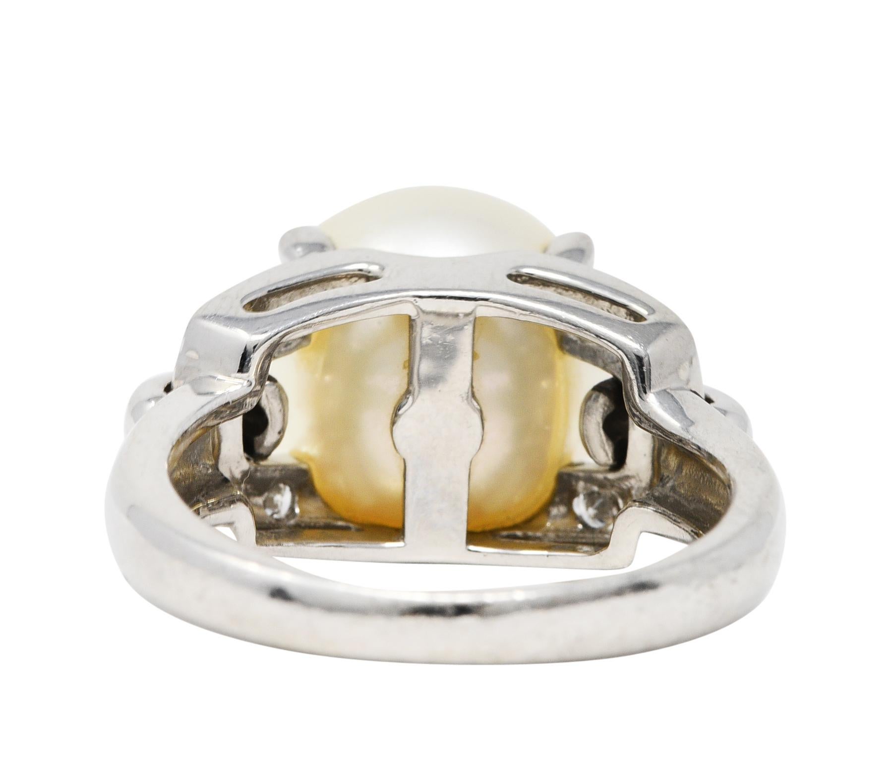 Round Cut Mid-Century Diamond Pearl Platinum Buckle Cocktail Ring